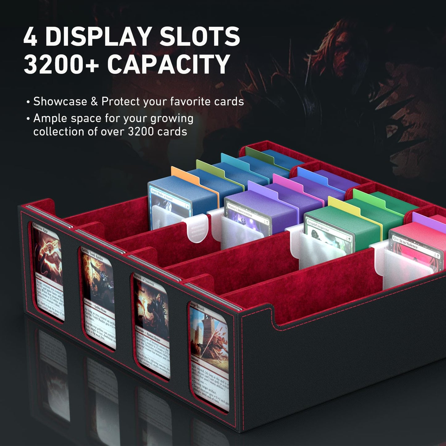 SENVINI 4-Row Trading Card Storage Box – 3200+ Card Organizer with 24 Dividers, 4 Supports, Strap