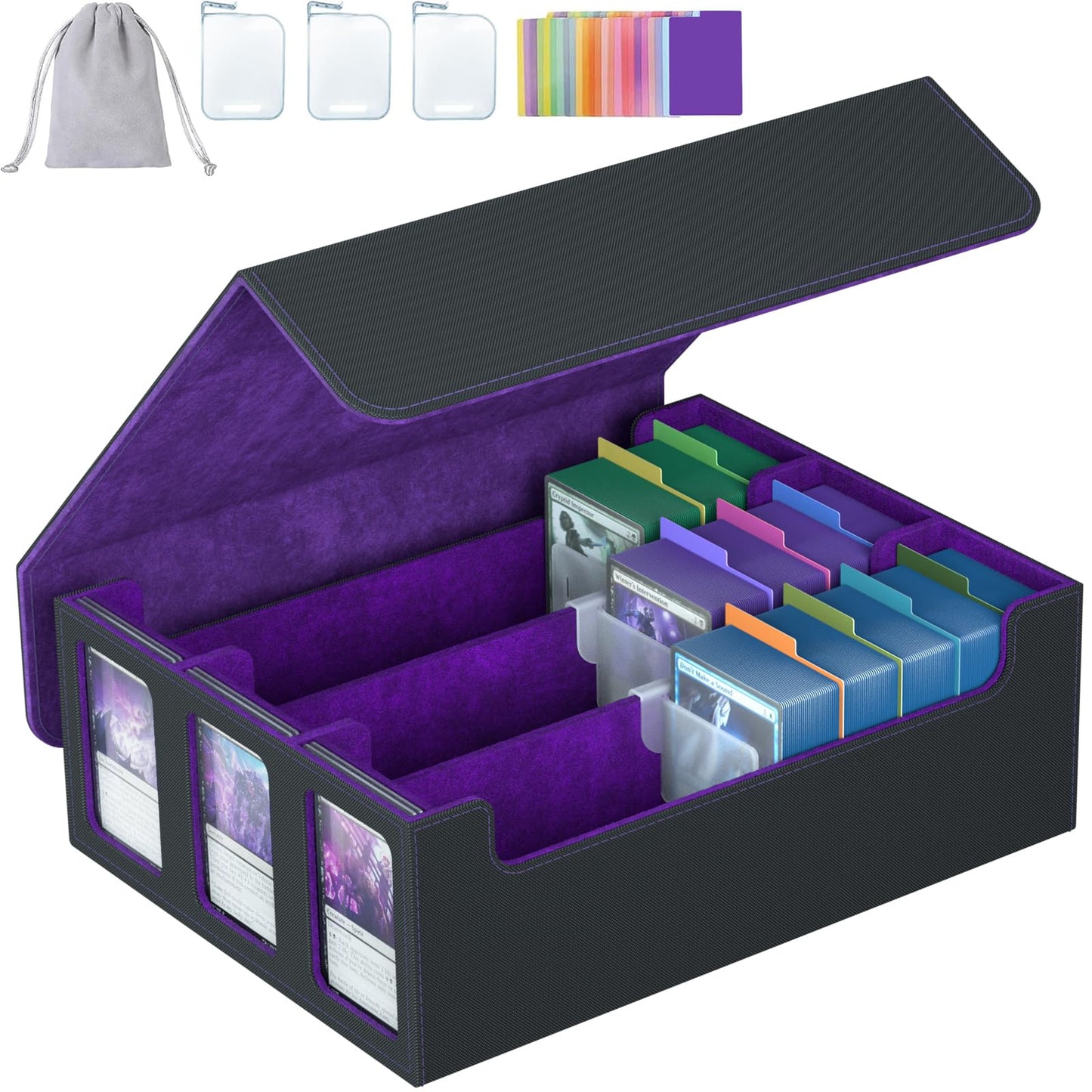 SENVINI 3-Row Card Storage Box – 2,400+ Capacity, 24 Dividers, 3 Supports, Magnetic Closure