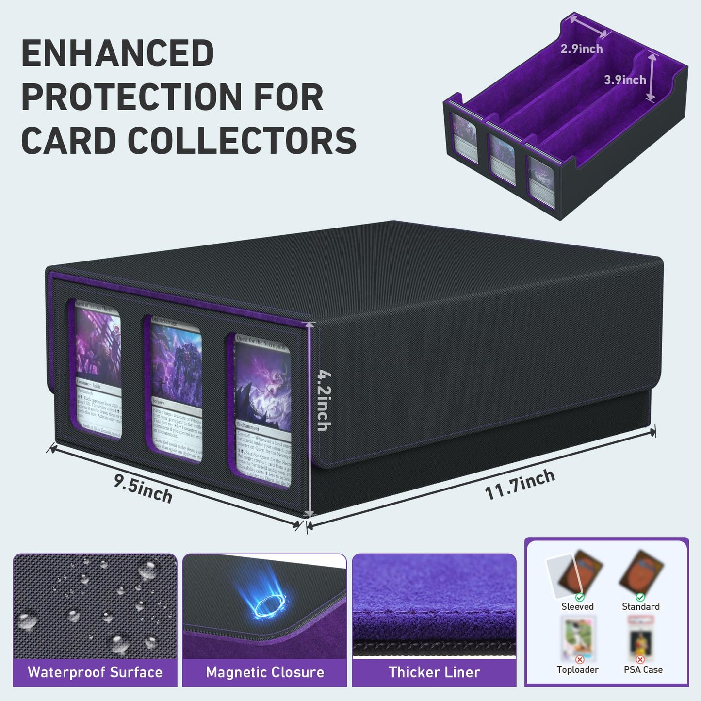 SENVINI 3-Row Card Storage Box – 2,400+ Capacity, 24 Dividers, 3 Supports, Magnetic Closure