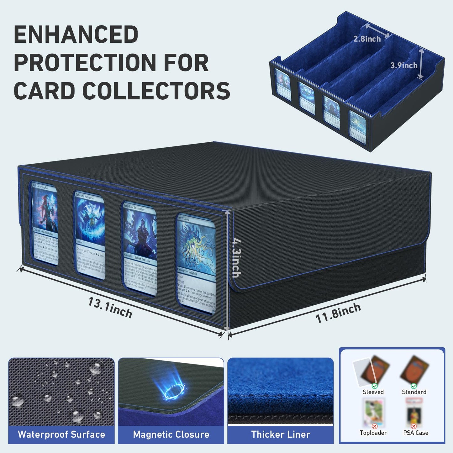 SENVINI 4-Row Trading Card Storage Box | 3200+ Cards, PU Leather, Magnetic Closure