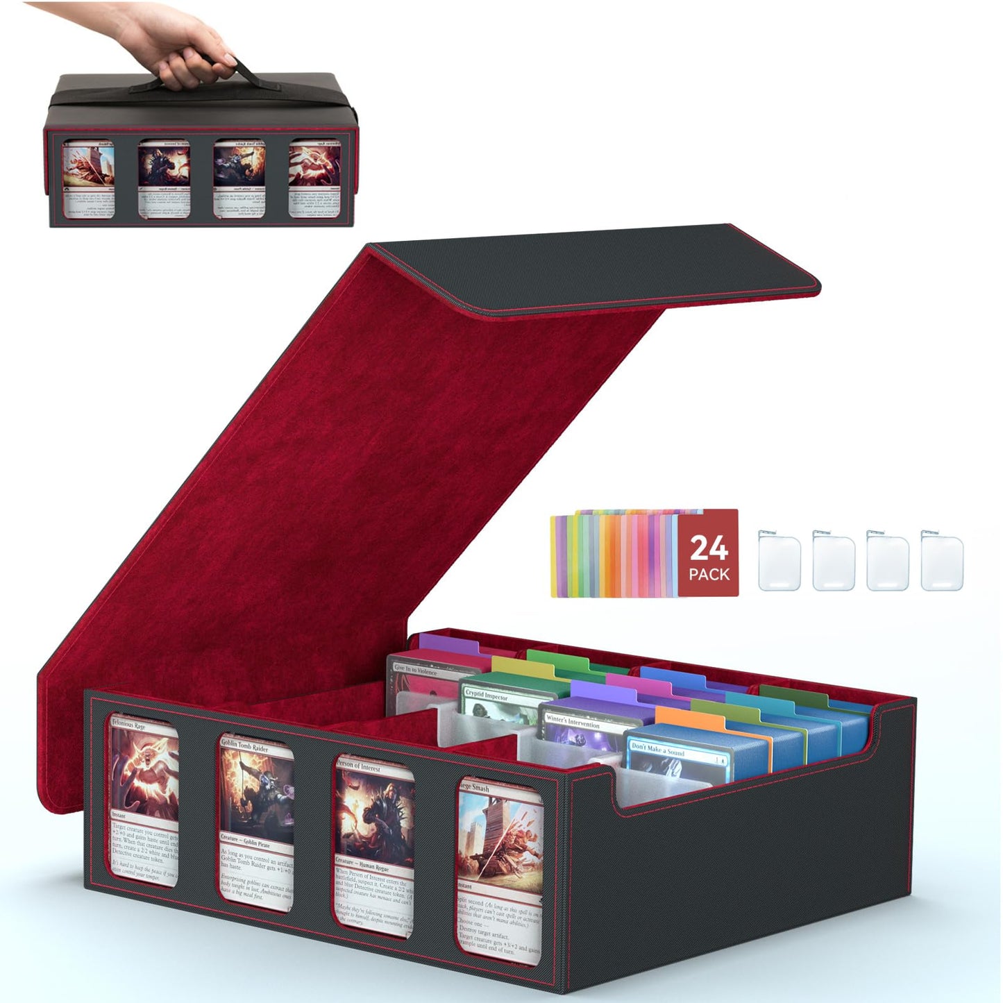 SENVINI 4-Row Trading Card Storage Box – 3200+ Card Organizer with 24 Dividers, 4 Supports, Strap