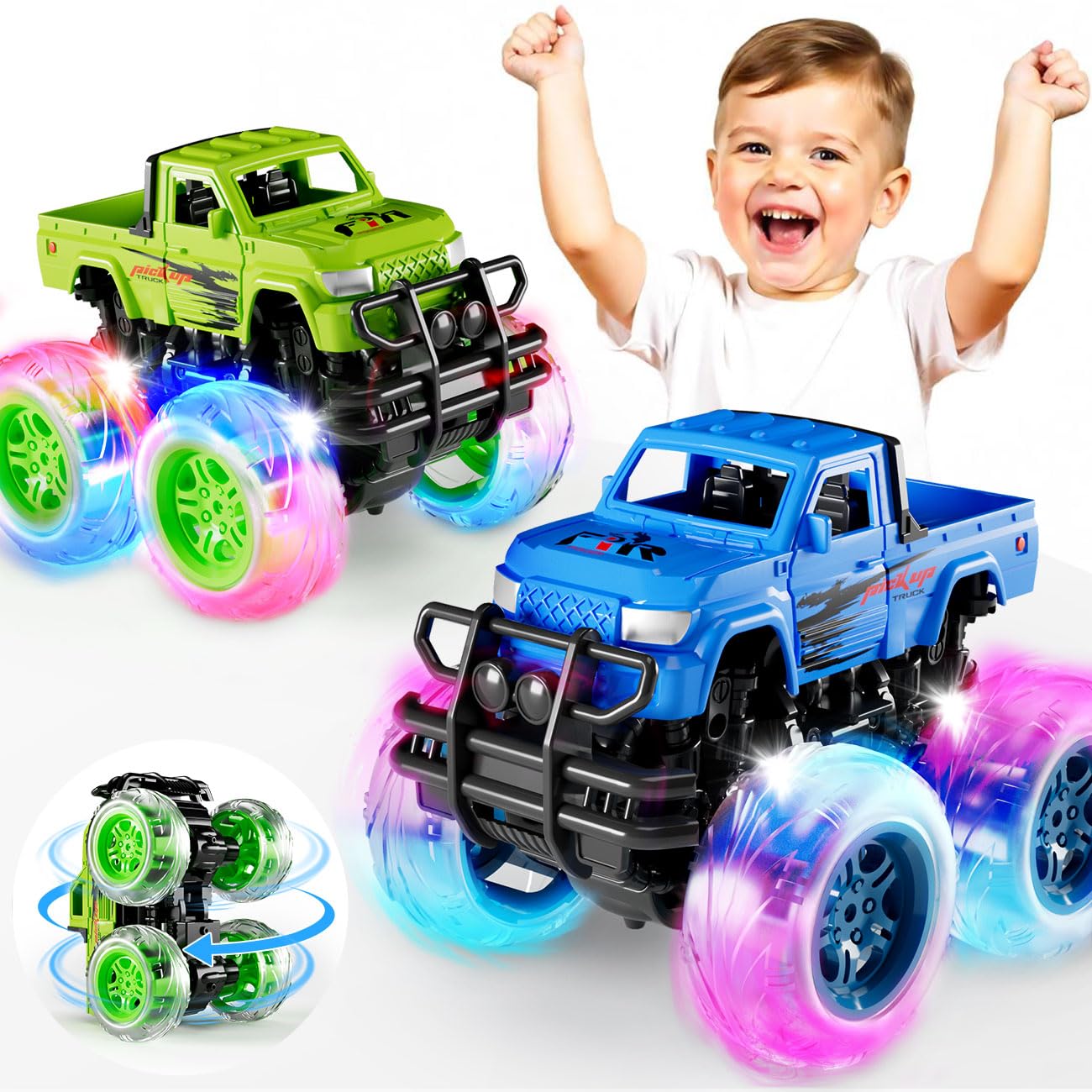 SEPHIX Monster Truck Toys – 2-Pack Light-Up Inertia Trucks for Kids 2-8