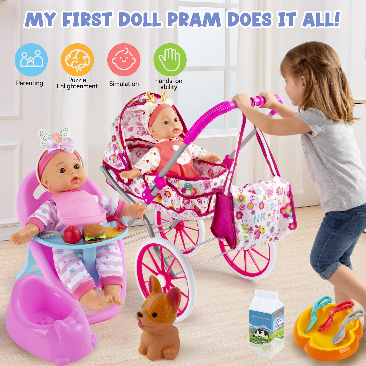 Seppacio Baby Doll Stroller Toys Set – 12.5-inch Doll, Foldable Stroller & Accessories