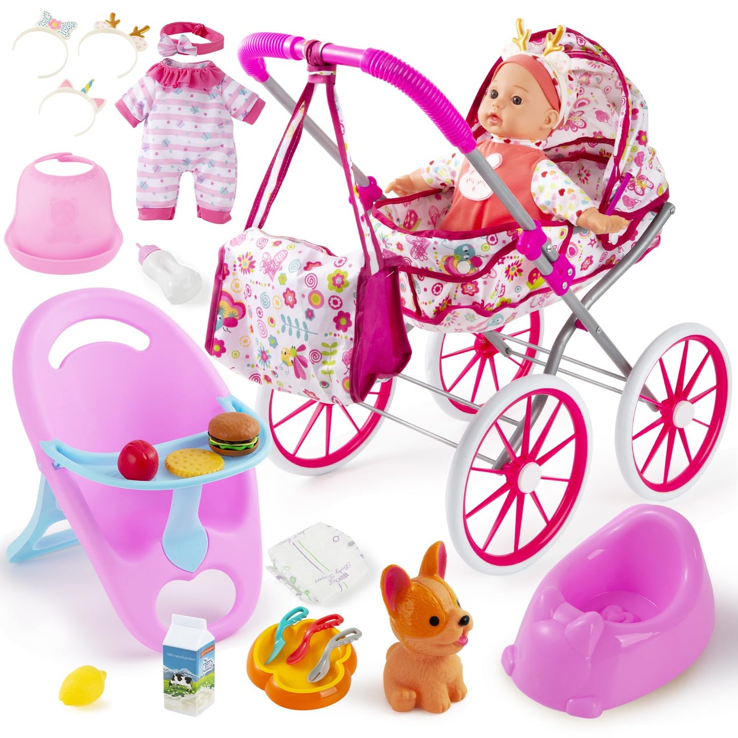 Seppacio Baby Doll Stroller Toys Set – 12.5-inch Doll, Foldable Stroller & Accessories