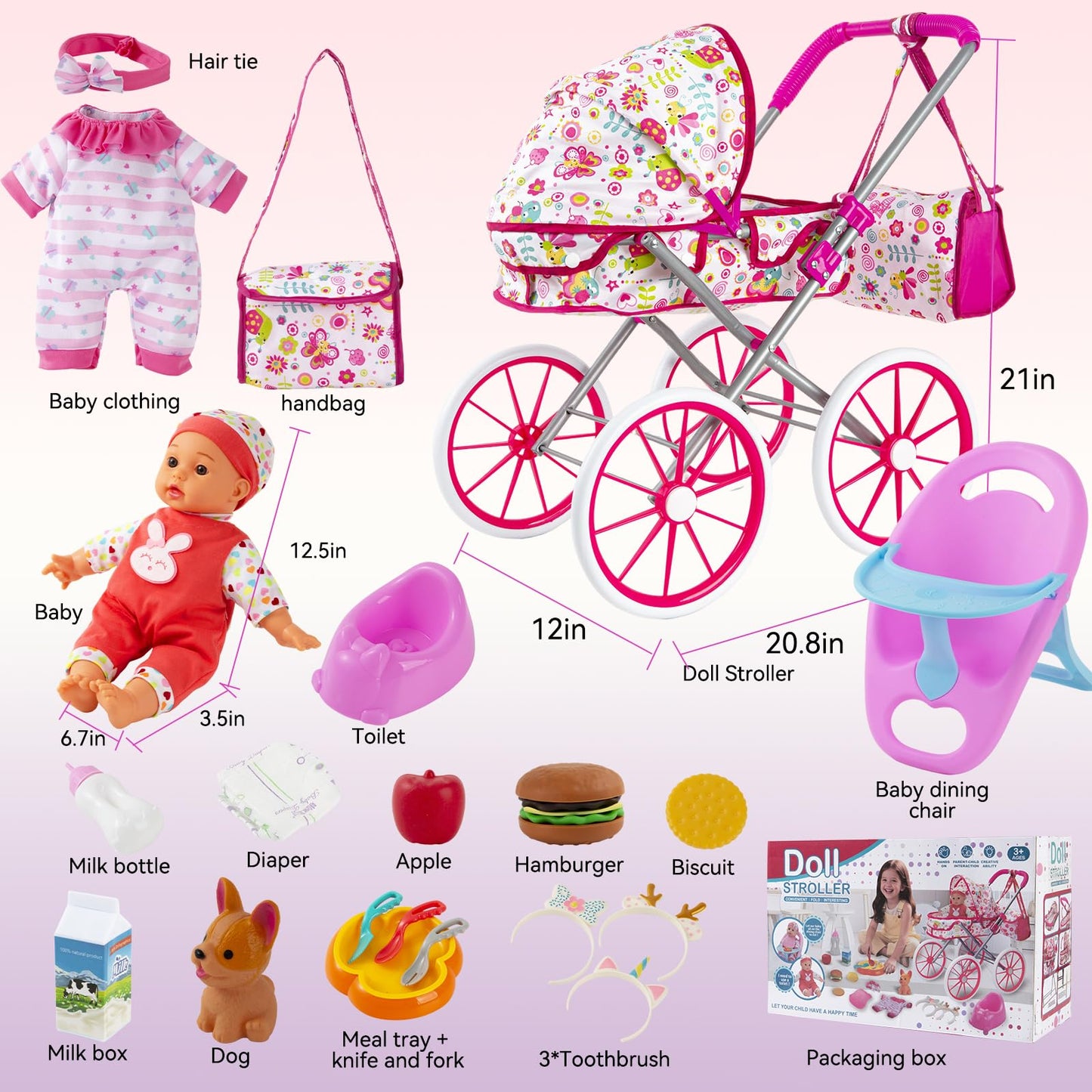 Seppacio Baby Doll Stroller Toys Set – 12.5-inch Doll, Foldable Stroller & Accessories