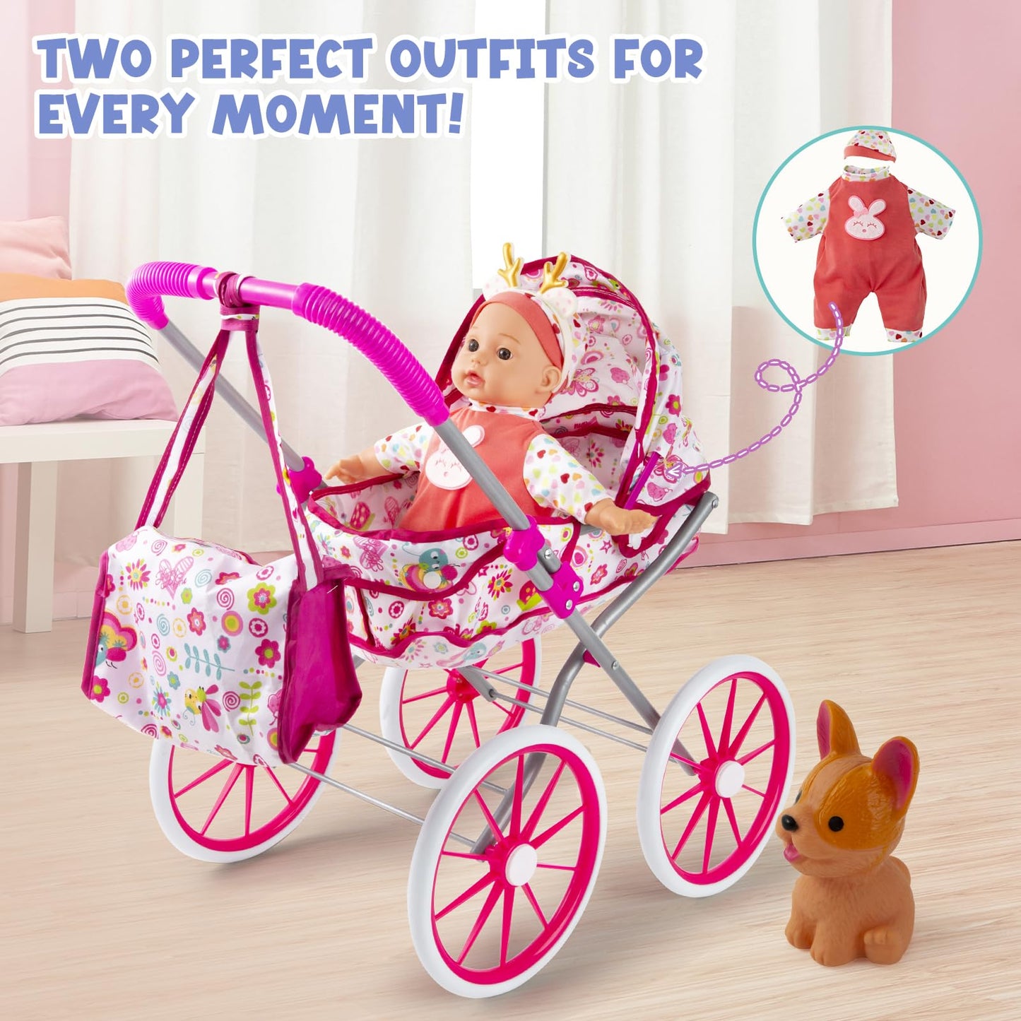 Seppacio Baby Doll Stroller Toys Set – 12.5-inch Doll, Foldable Stroller & Accessories