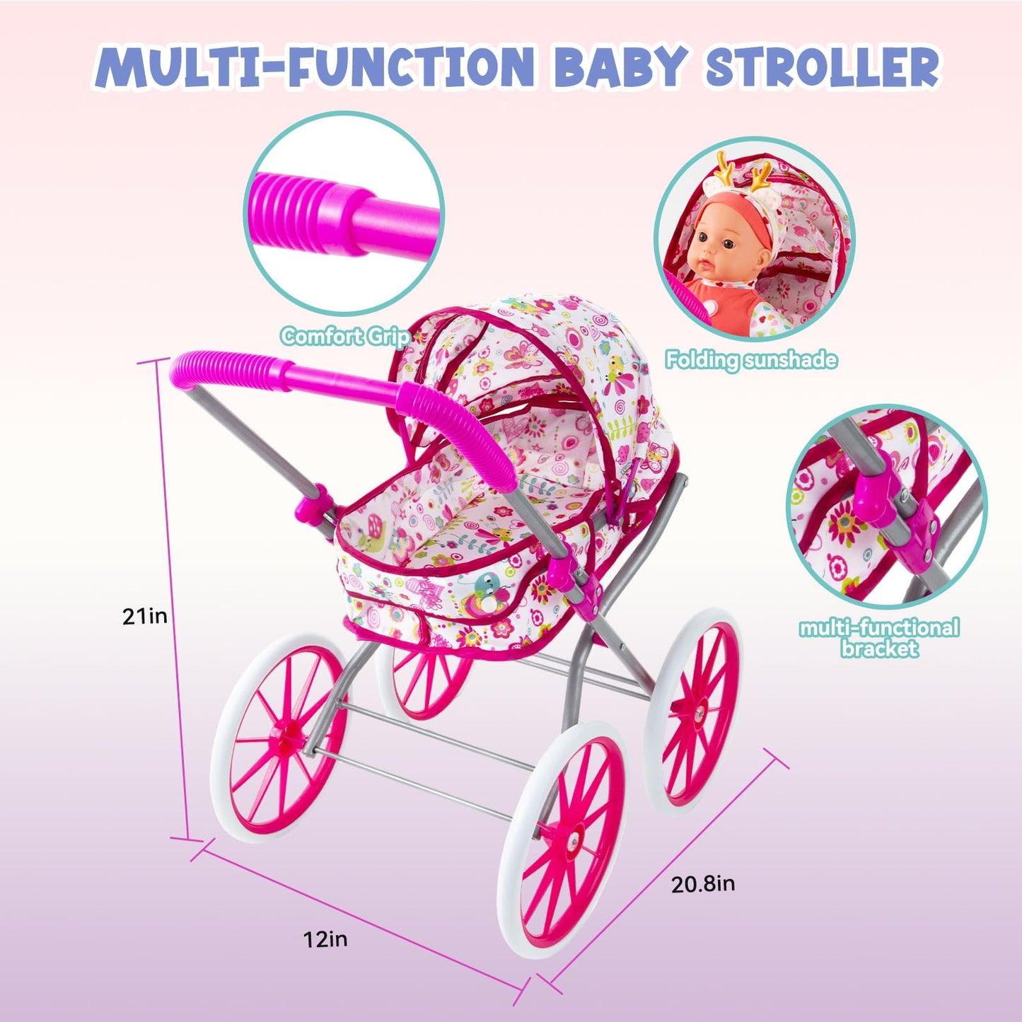 Seppacio Baby Doll Stroller Toys Set – 12.5-inch Doll, Foldable Stroller & Accessories