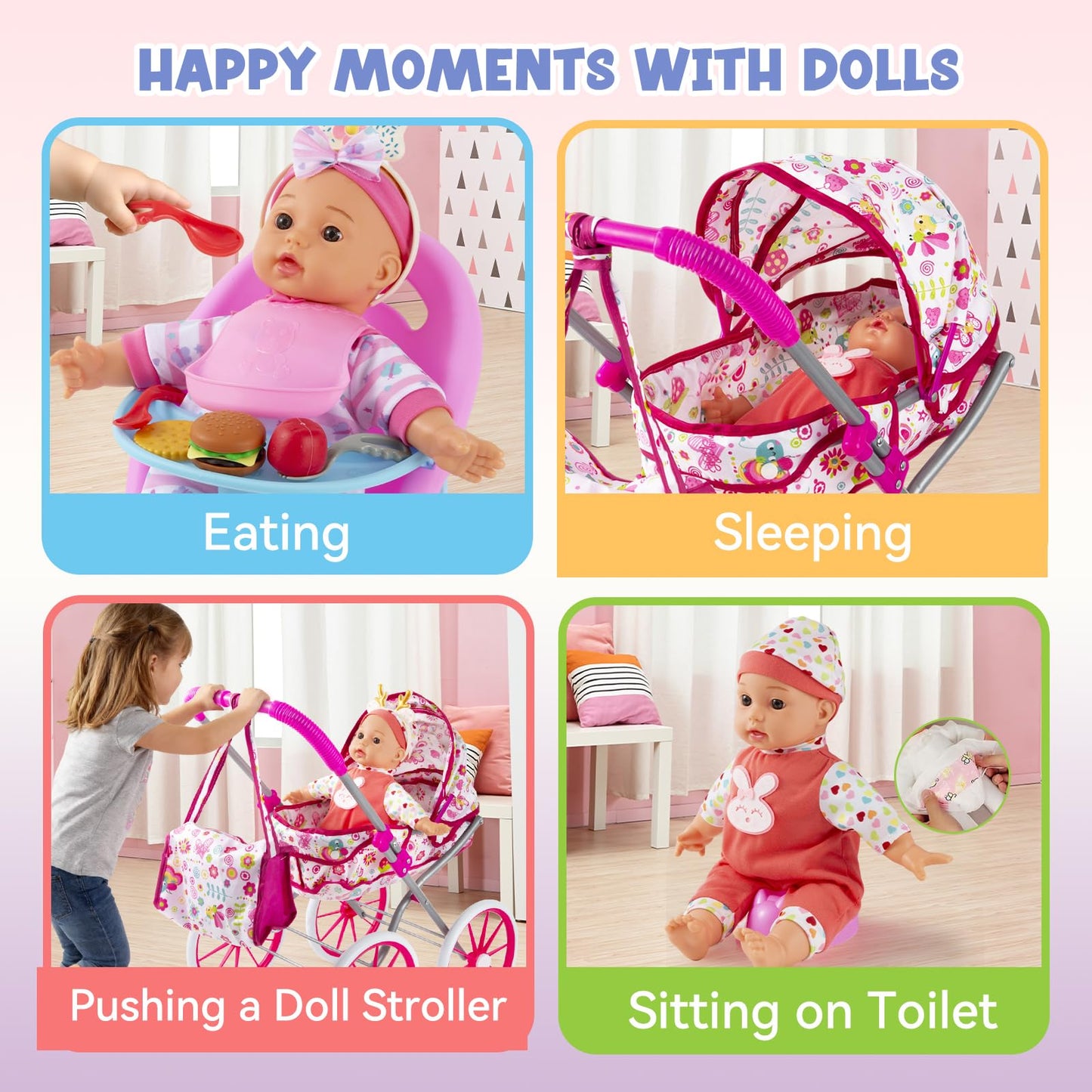 Seppacio Baby Doll Stroller Toys Set – 12.5-inch Doll, Foldable Stroller & Accessories