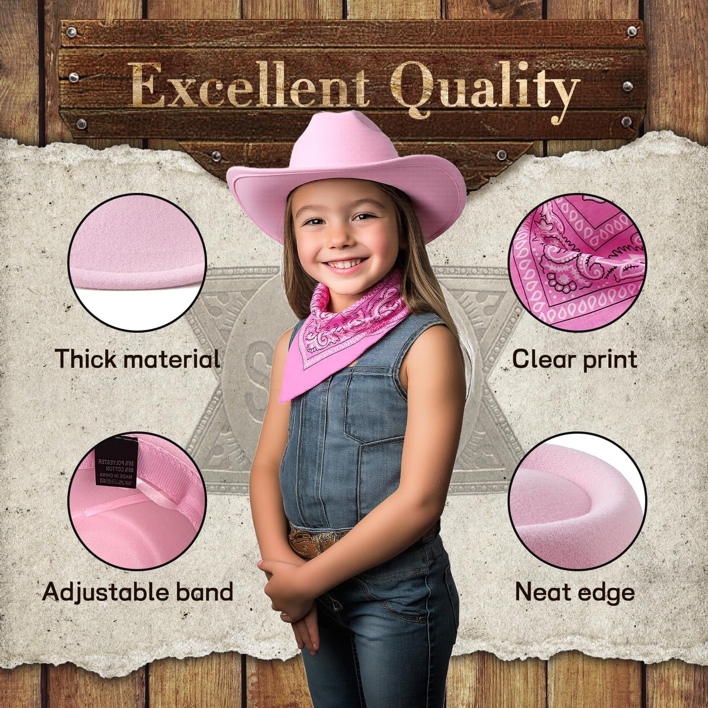 SeptCity Kids Cowboy Hat & Bandana - Pink for Ages 5-10