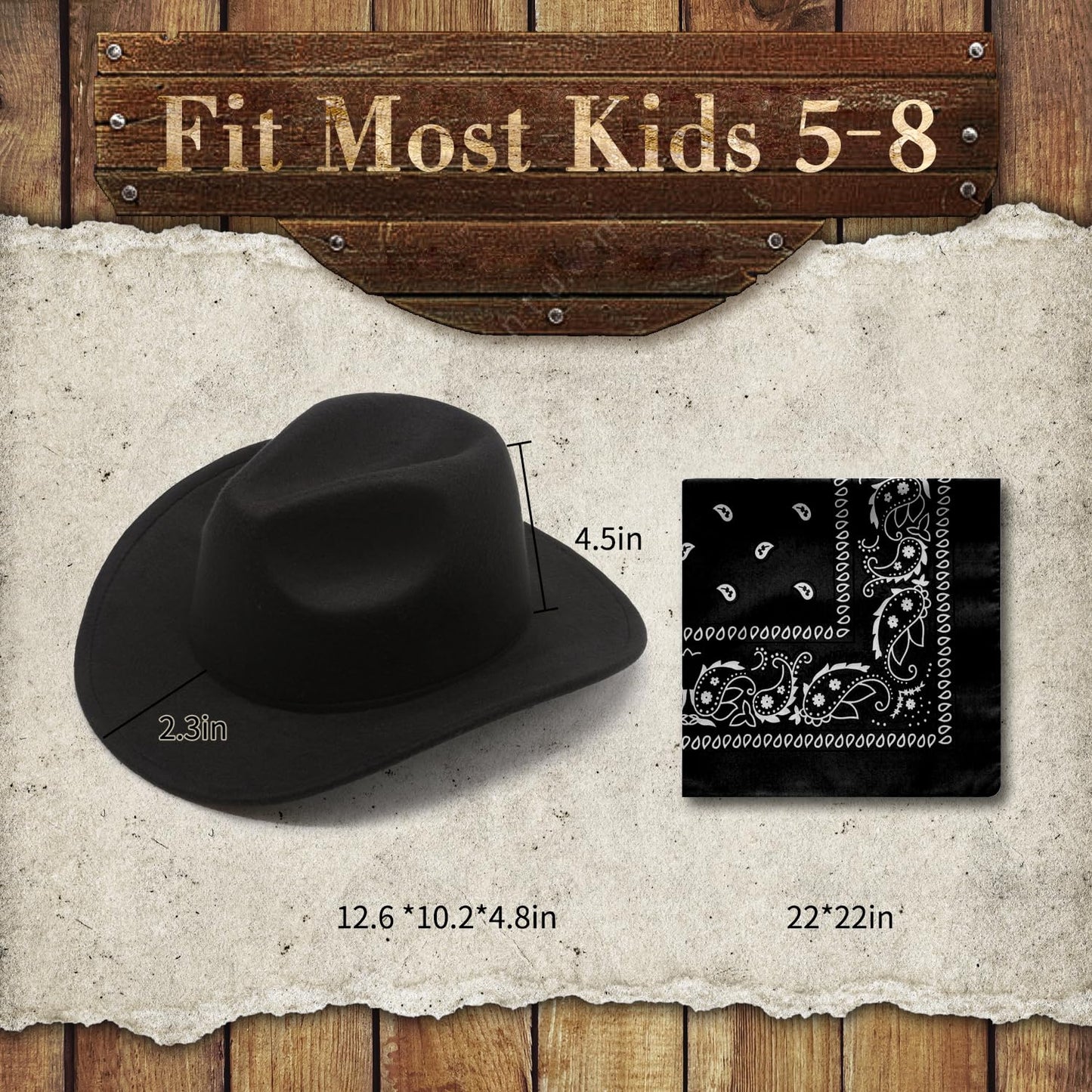 SeptCity Kids Cowboy Hat & Bandana Set (Black) – Ages 5-10 | Western Costume