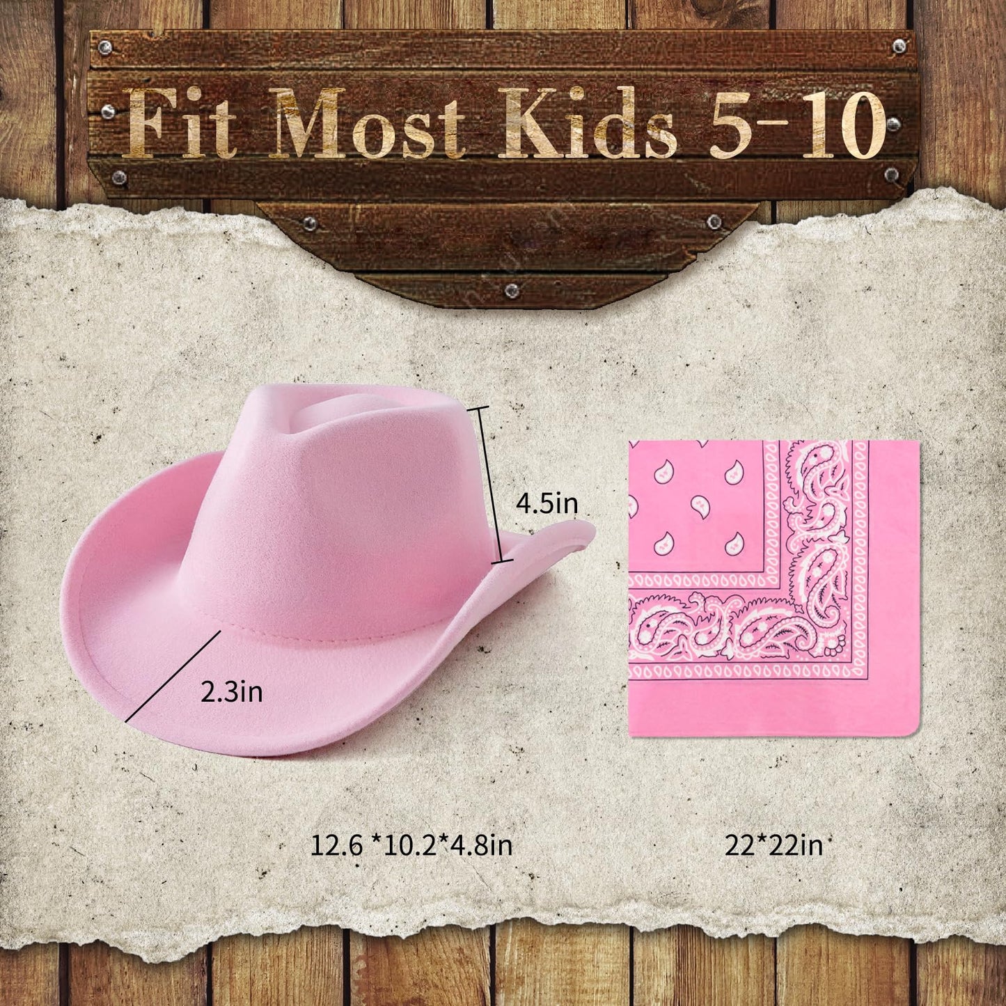 SeptCity Kids Cowboy Hat & Bandana - Pink for Ages 5-10