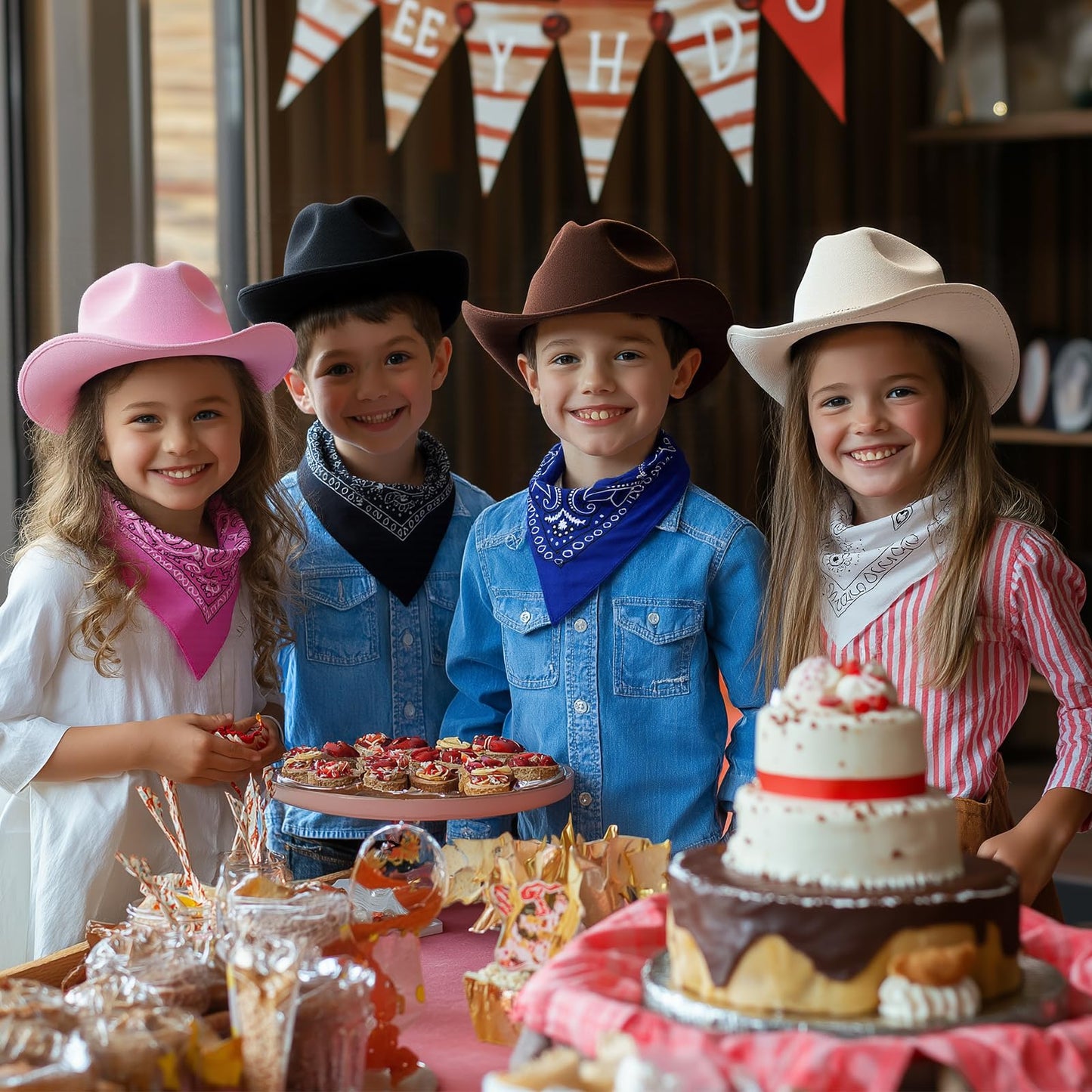 SeptCity Kids Cowboy Hat & Bandana - Pink for Ages 5-10