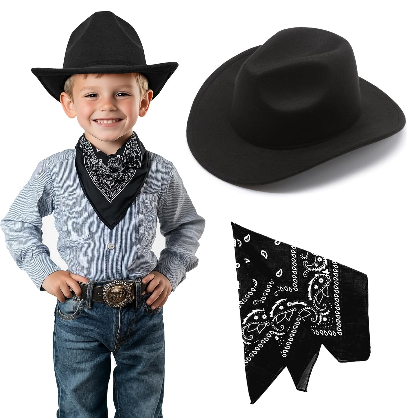 SeptCity Kids Cowboy Hat & Bandana Set (Black) – Ages 5-10 | Western Costume