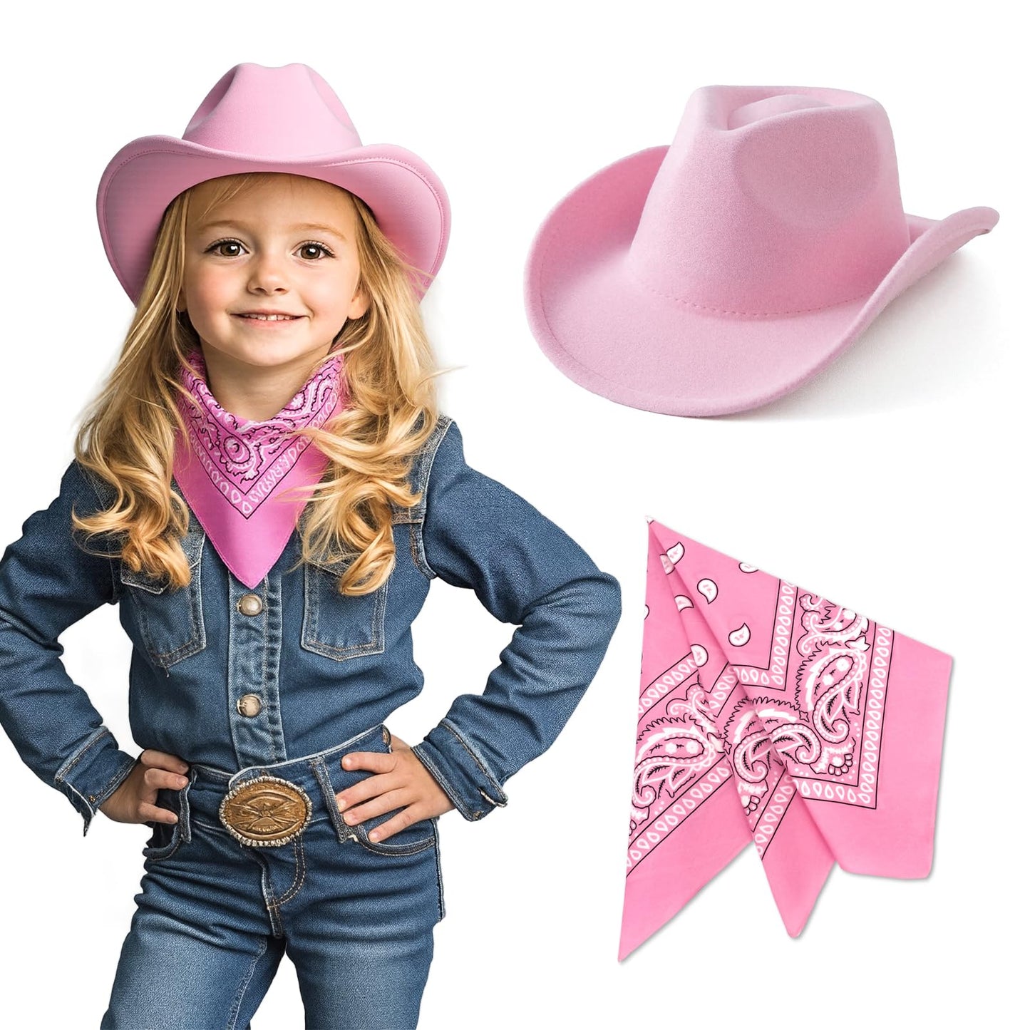 SeptCity Kids Cowboy Hat & Bandana - Pink for Ages 5-10