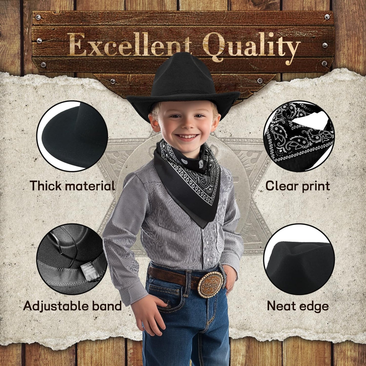 SeptCity Kids Cowboy Hat & Bandana Set (Black) – Ages 5-10 | Western Costume