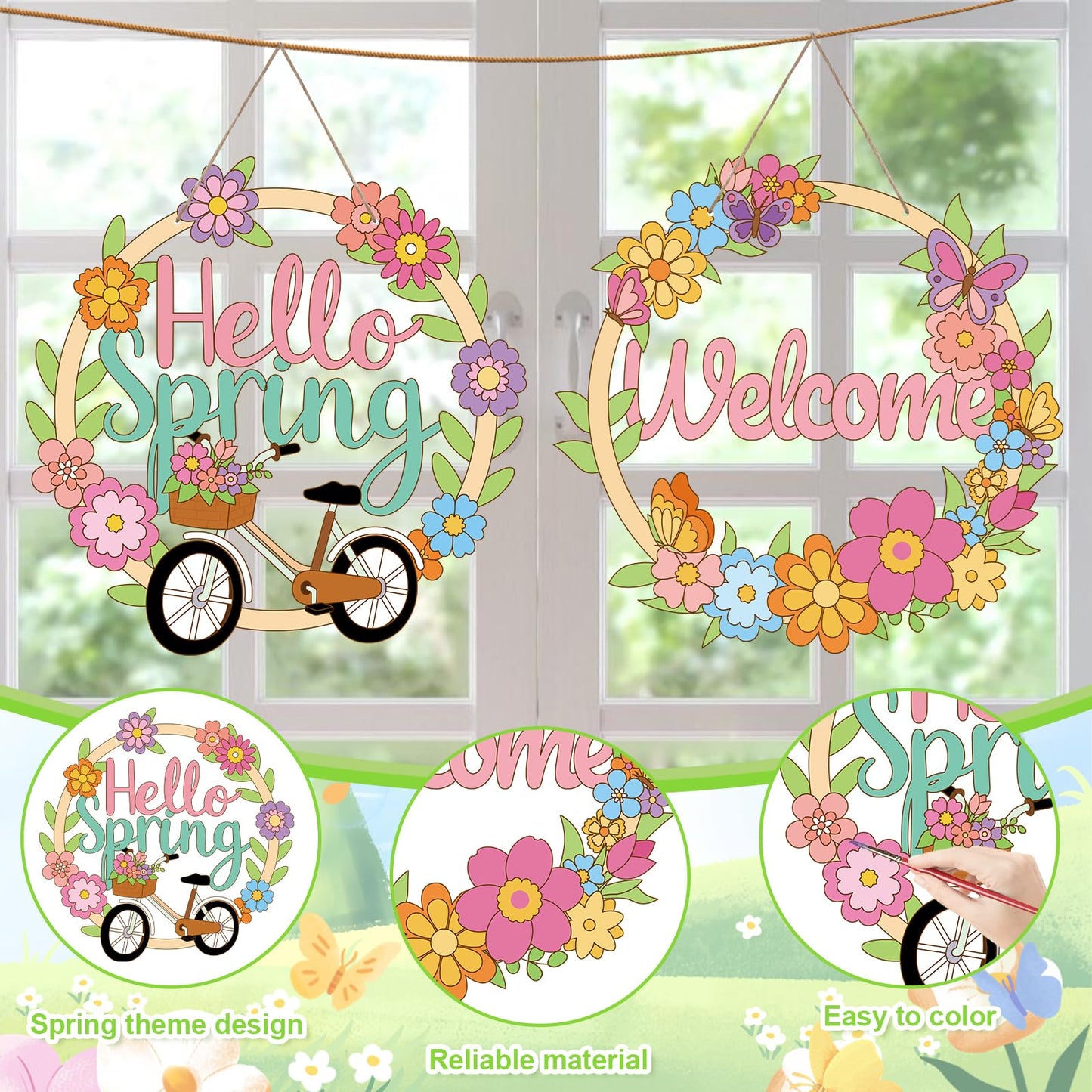 Sereliy 4 Pcs Spring Coloring Wreath Crafts – DIY Color Your Own Paper Wreath Kit