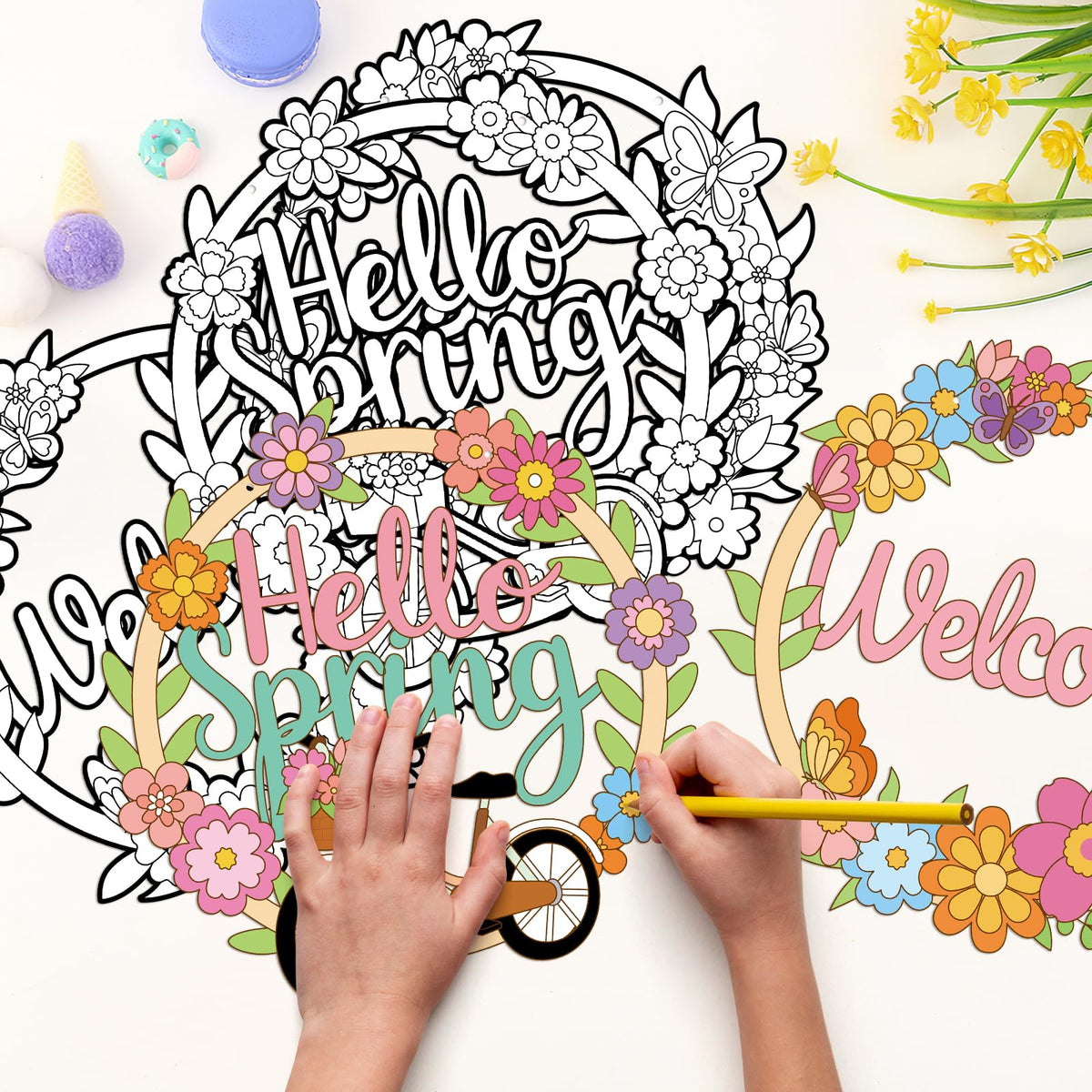 Sereliy 4 Pcs Spring Coloring Wreath Crafts – DIY Color Your Own Paper Wreath Kit
