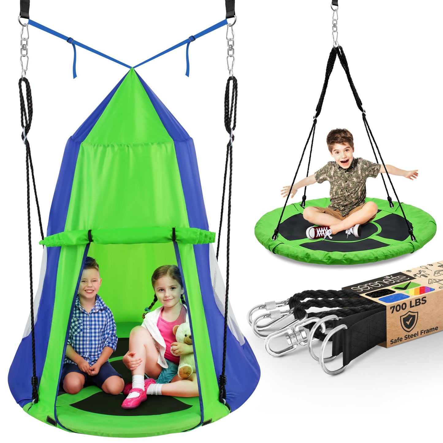 SereneLife 40-Inch Kids Hanging Tent Swing – Outdoor Saucer Swing in Green, Large