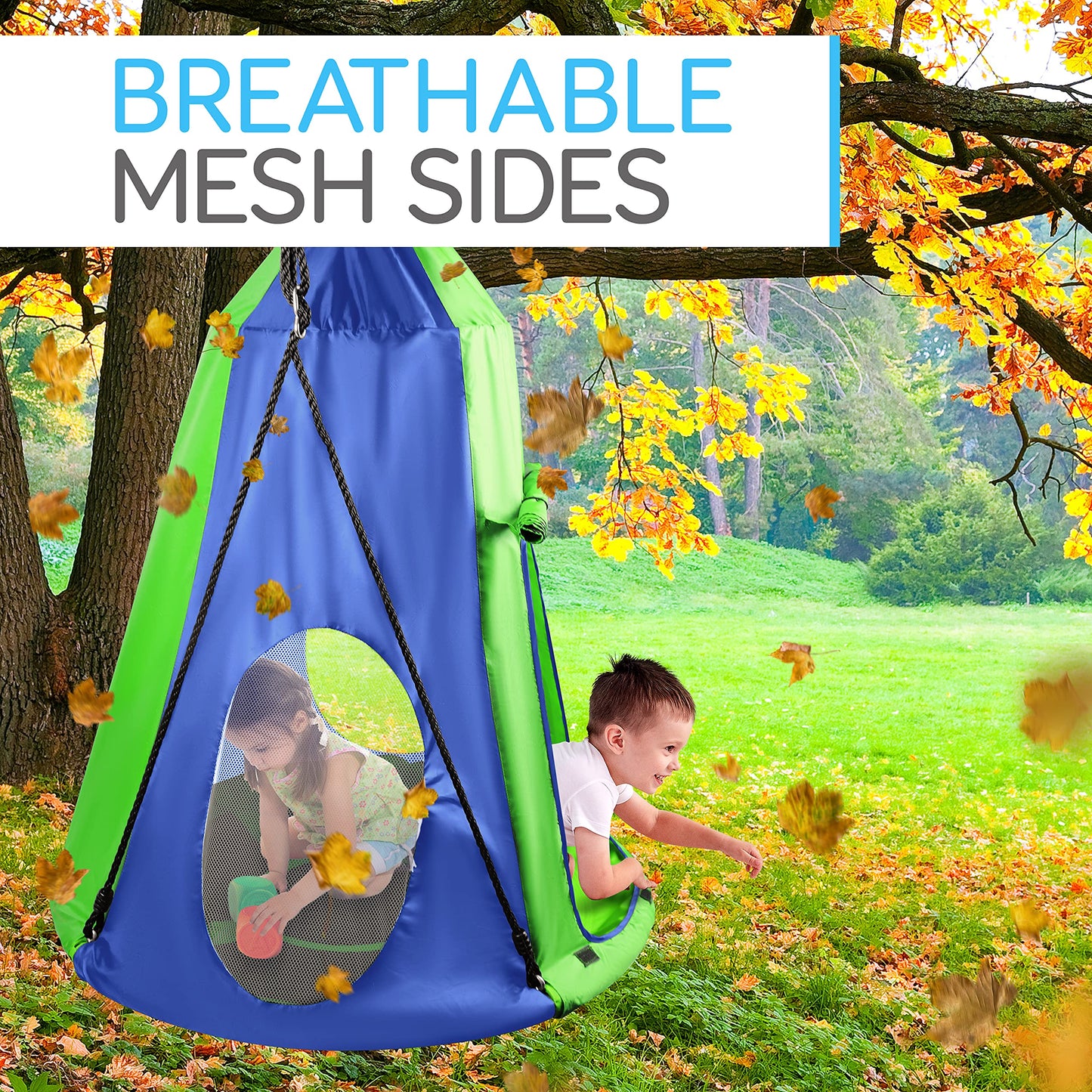 SereneLife 40-Inch Kids Hanging Tent Swing – Outdoor Saucer Swing in Green, Large