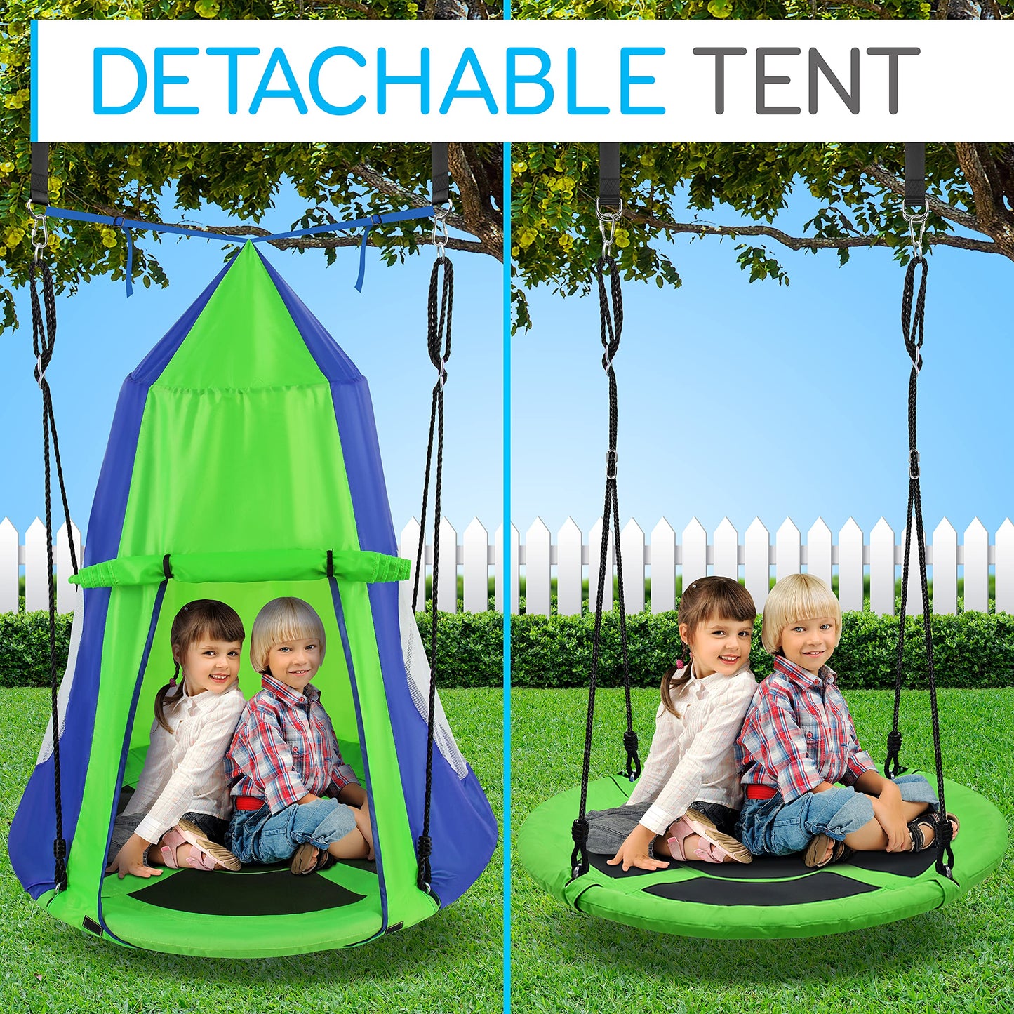 SereneLife 40-Inch Kids Hanging Tent Swing – Outdoor Saucer Swing in Green, Large
