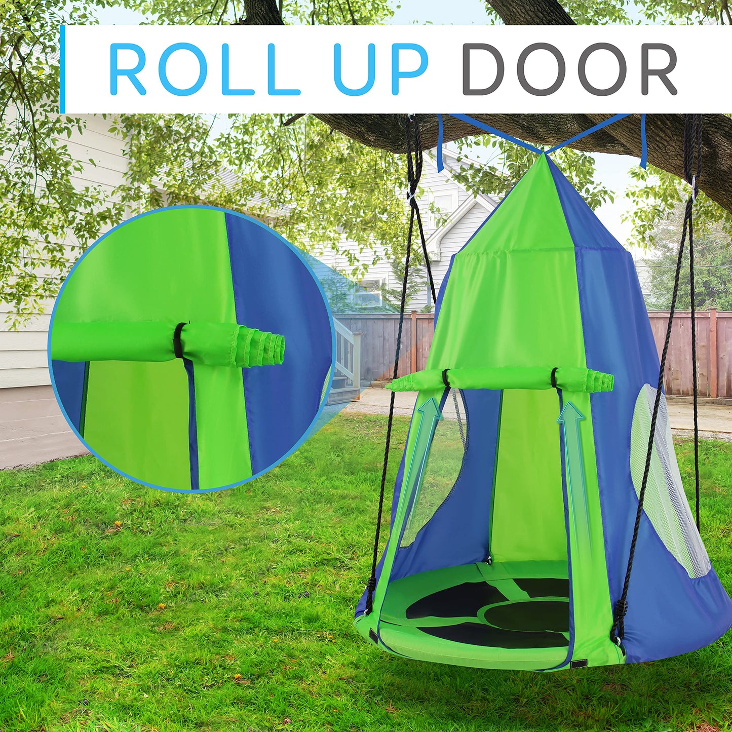 SereneLife 40-Inch Kids Hanging Tent Swing – Outdoor Saucer Swing in Green, Large