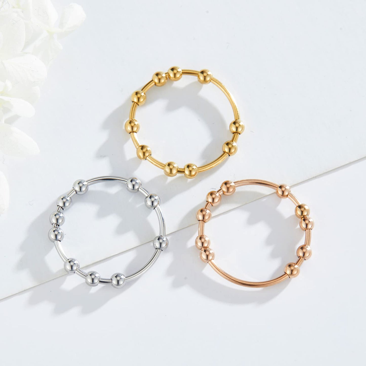 SERYNOW 3pcs Fidget Ring Set – Bead Spinner Rings, Sizes 5–10, for Women & Men