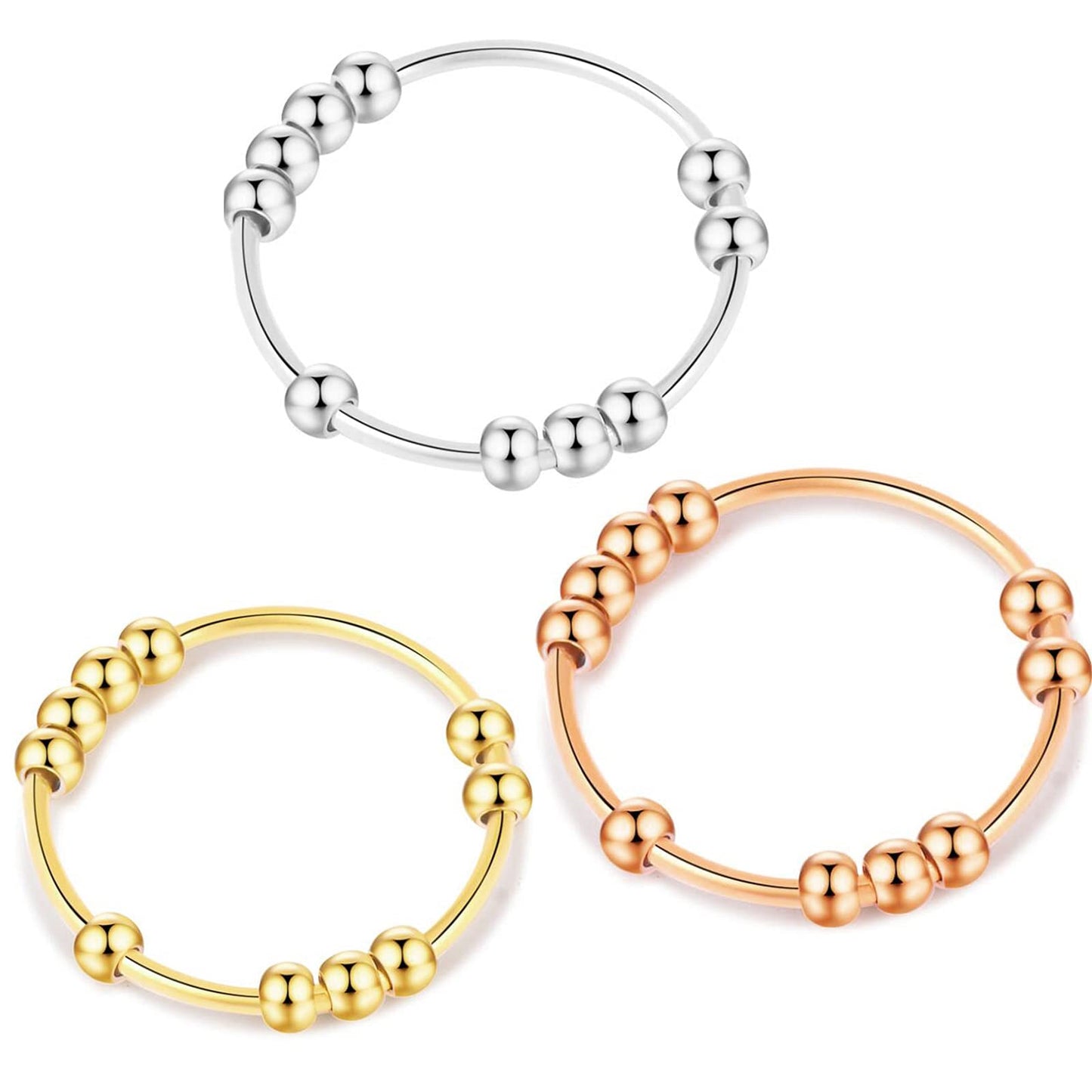SERYNOW 3pcs Fidget Ring Set – Bead Spinner Rings, Sizes 5–10, for Women & Men
