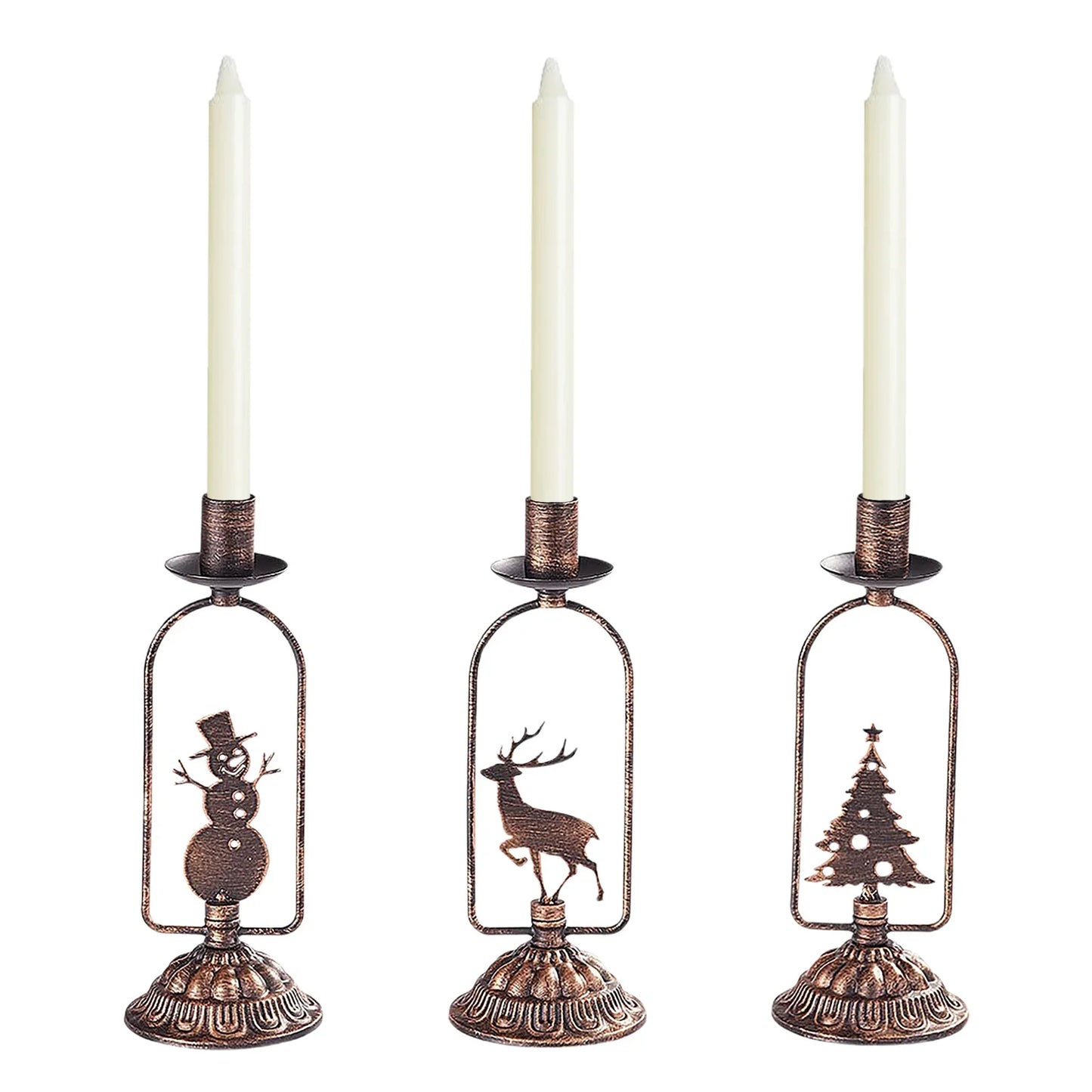 Set of 3 Iron Christmas Candle Holders – Tree, Snowman & Deer (Vintage Bronze)