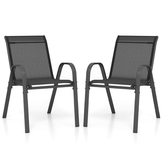 Set of 2 Patio Stackable Metal Dining Chairs with Armrests-Black