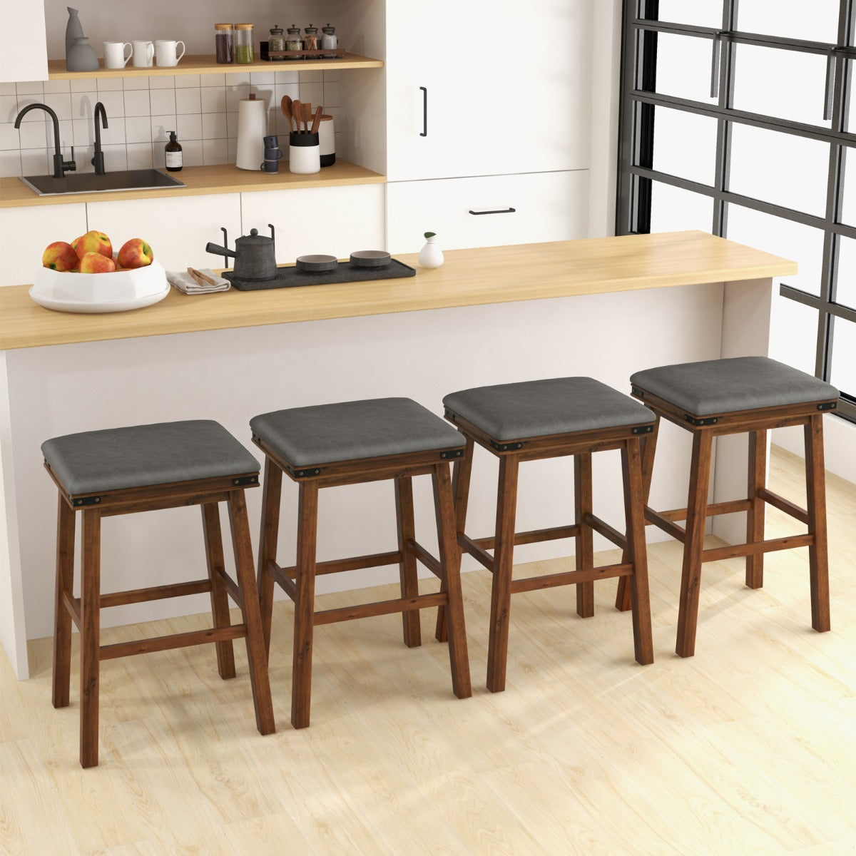 Set of 4 Upholstered Bar Stool 76cm Backless Height Bar with Footrest-Brown