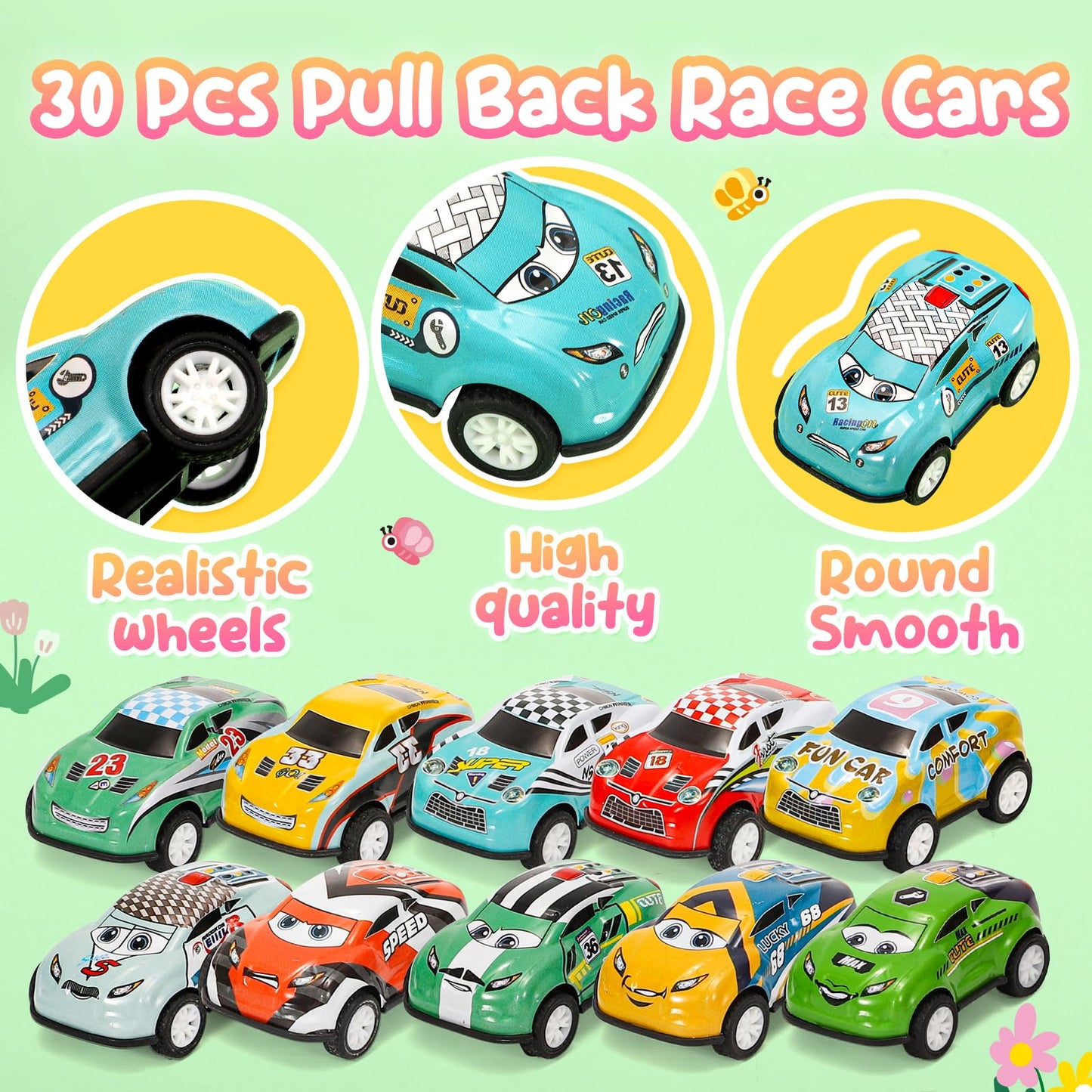 SevenQ 30-Piece Pull Back Cars Playset for Kids 4-8 with Storage Bags