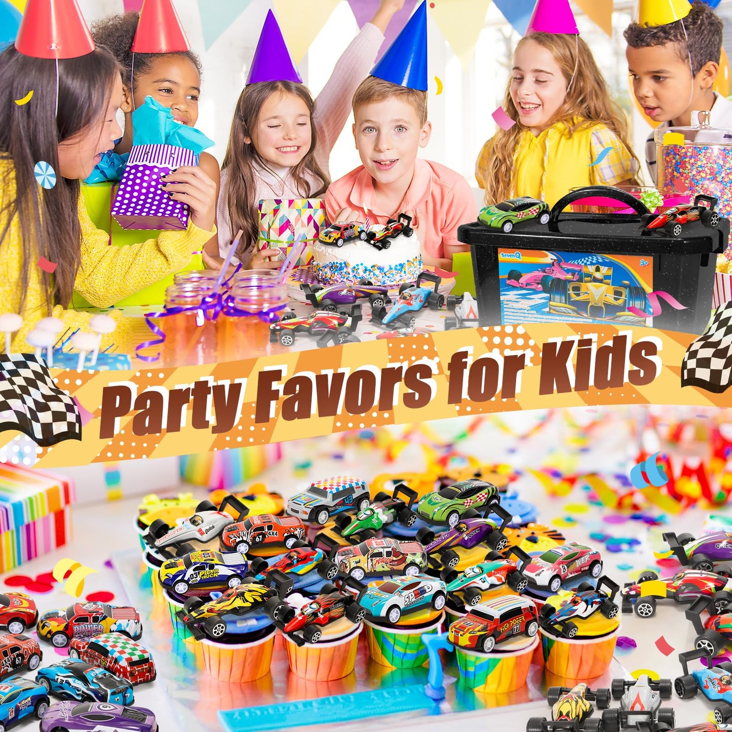 SevenQ Party Favors Toy Cars Set – 67 Pcs Pull-Back Cars with Storage Box