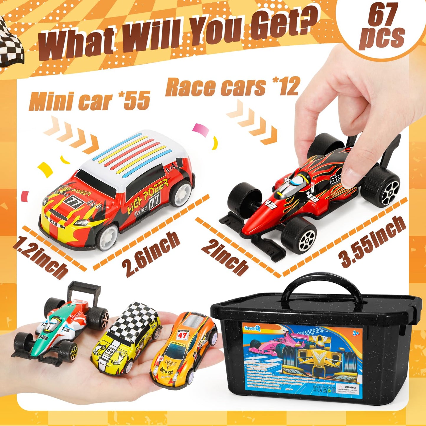 SevenQ Party Favors Toy Cars Set – 67 Pcs Pull-Back Cars with Storage Box