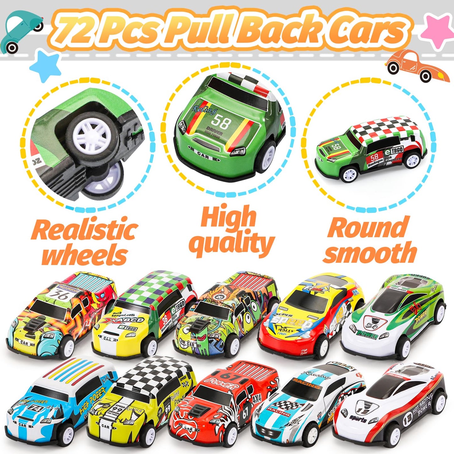SevenQ Toy Cars Party Favors – 72 Pull-Back Cars with Storage Box | Mini Race Cars for Kids