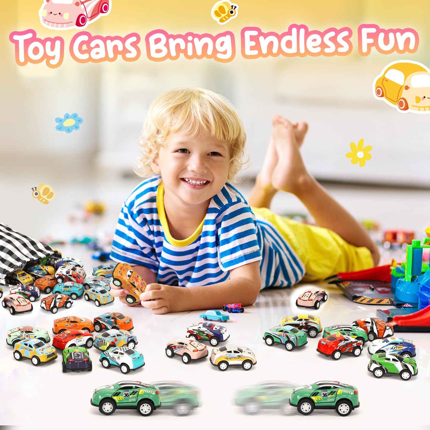 SevenQ 30-Piece Pull Back Cars Playset for Kids 4-8 with Storage Bags