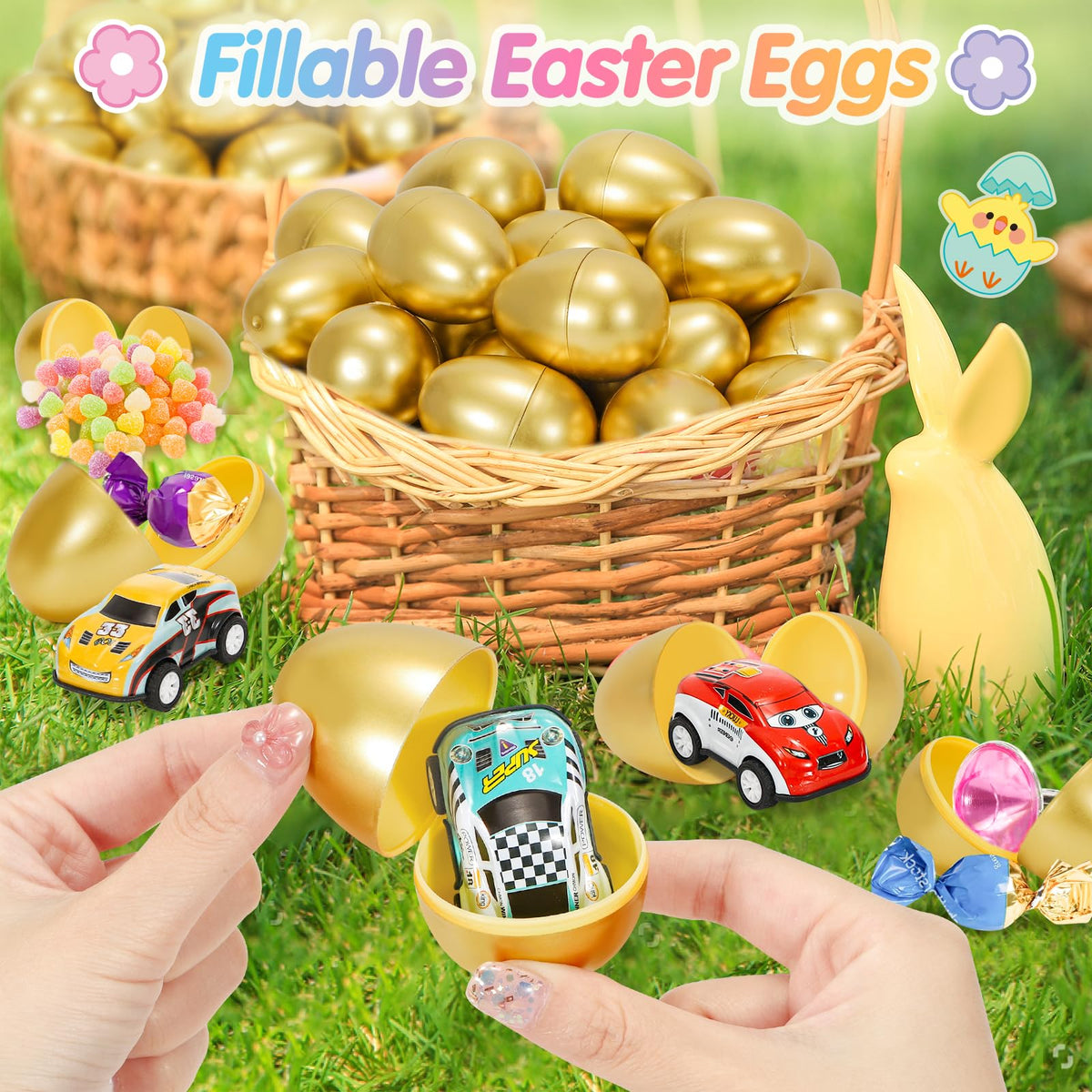 SevenQ Fillable Easter Eggs 50Pcs – Golden Plastic Eggs for Easter Basket Stuffers & Egg Hunts