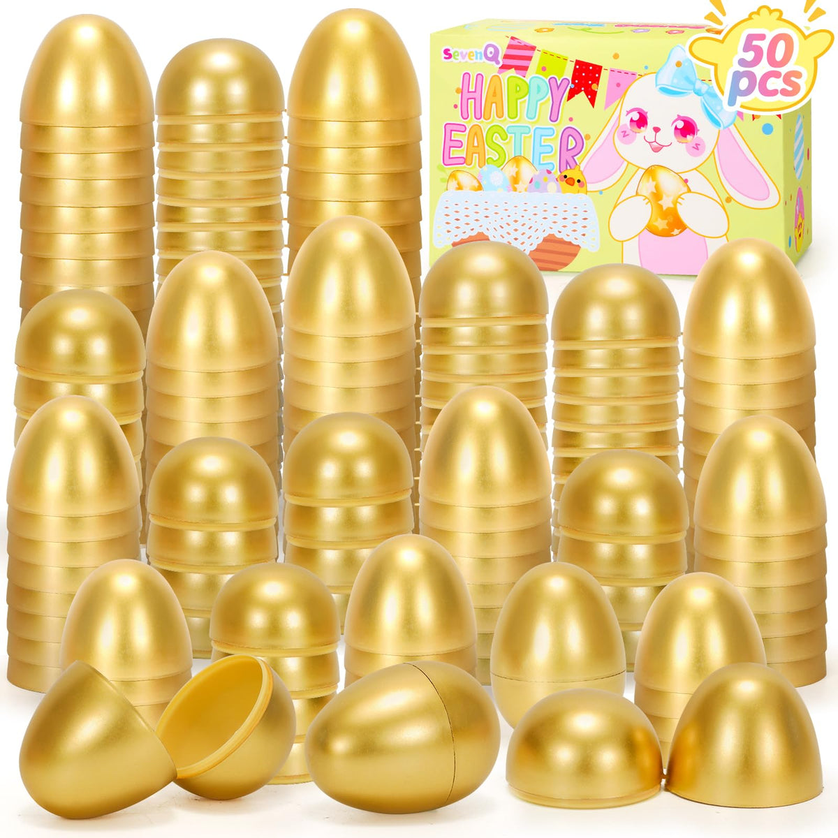 SevenQ Fillable Easter Eggs 50Pcs – Golden Plastic Eggs for Easter Basket Stuffers & Egg Hunts