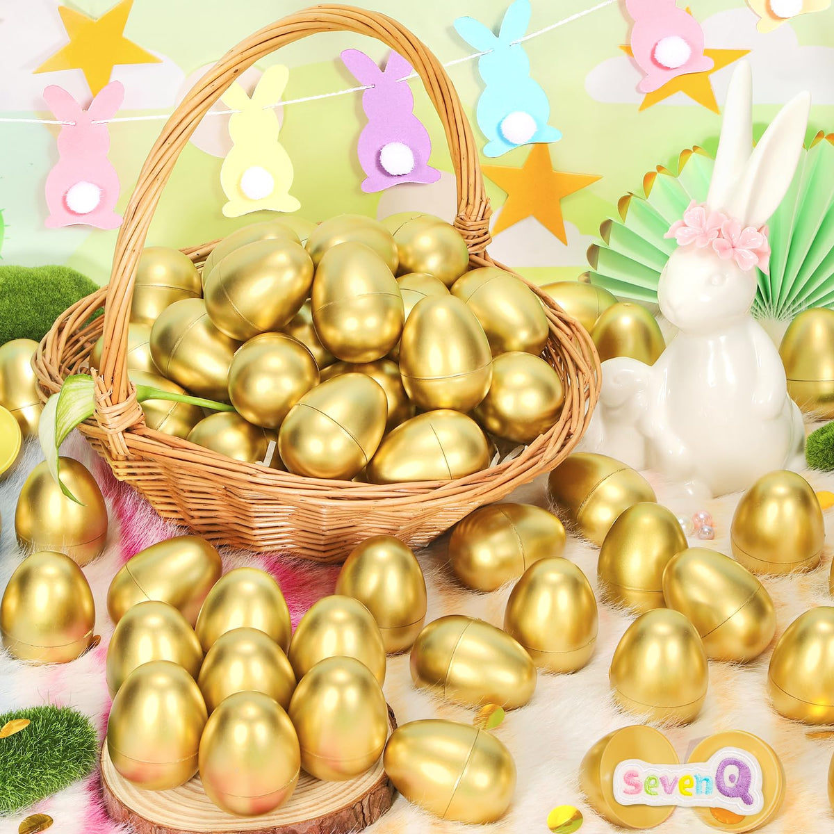 SevenQ Fillable Easter Eggs 50Pcs – Golden Plastic Eggs for Easter Basket Stuffers & Egg Hunts