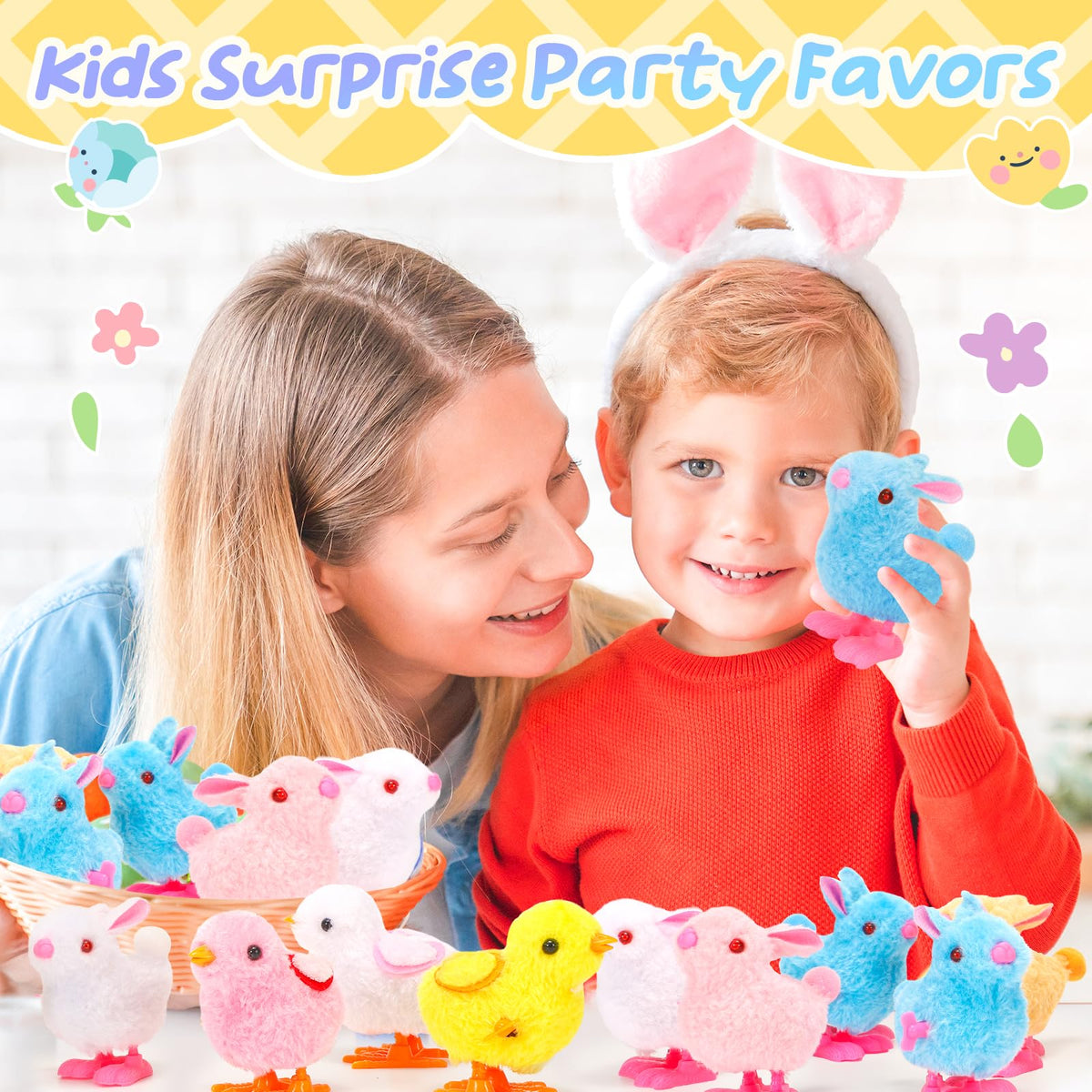 SevenQ Wind Up Toys for Kids - 9Pcs Hopping Bunnies & Plush Chicks for Easter