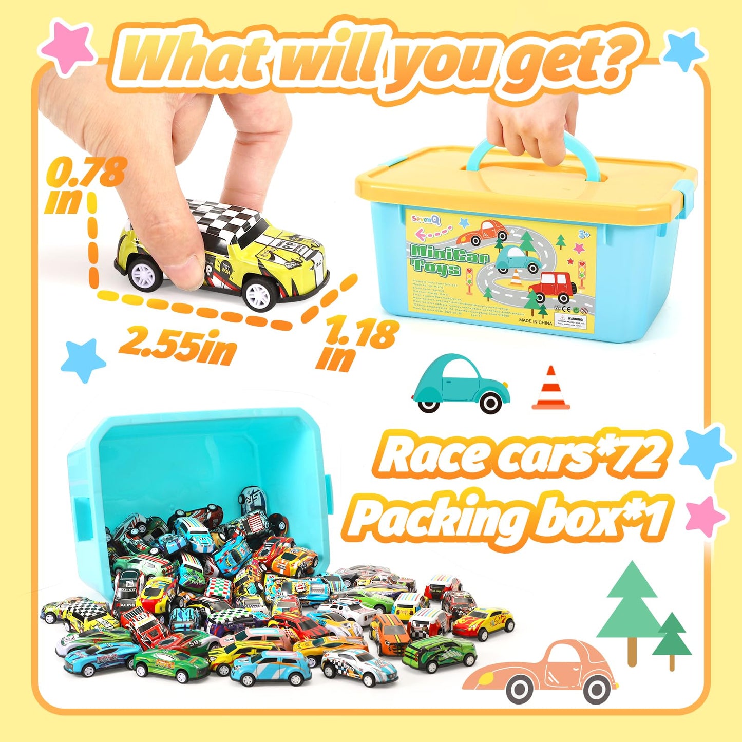 SevenQ Toy Cars Party Favors – 72 Pull-Back Cars with Storage Box | Mini Race Cars for Kids