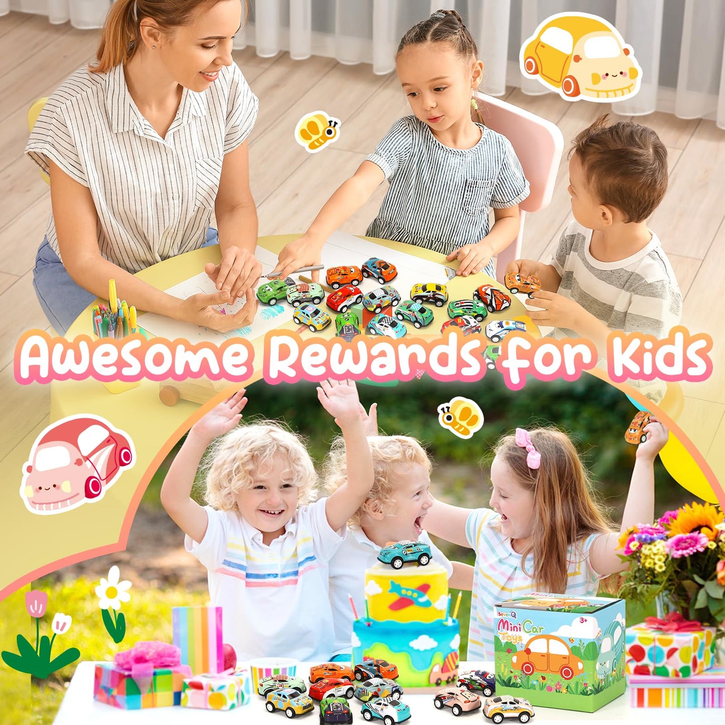 SevenQ 30-Piece Pull Back Cars Playset for Kids 4-8 with Storage Bags