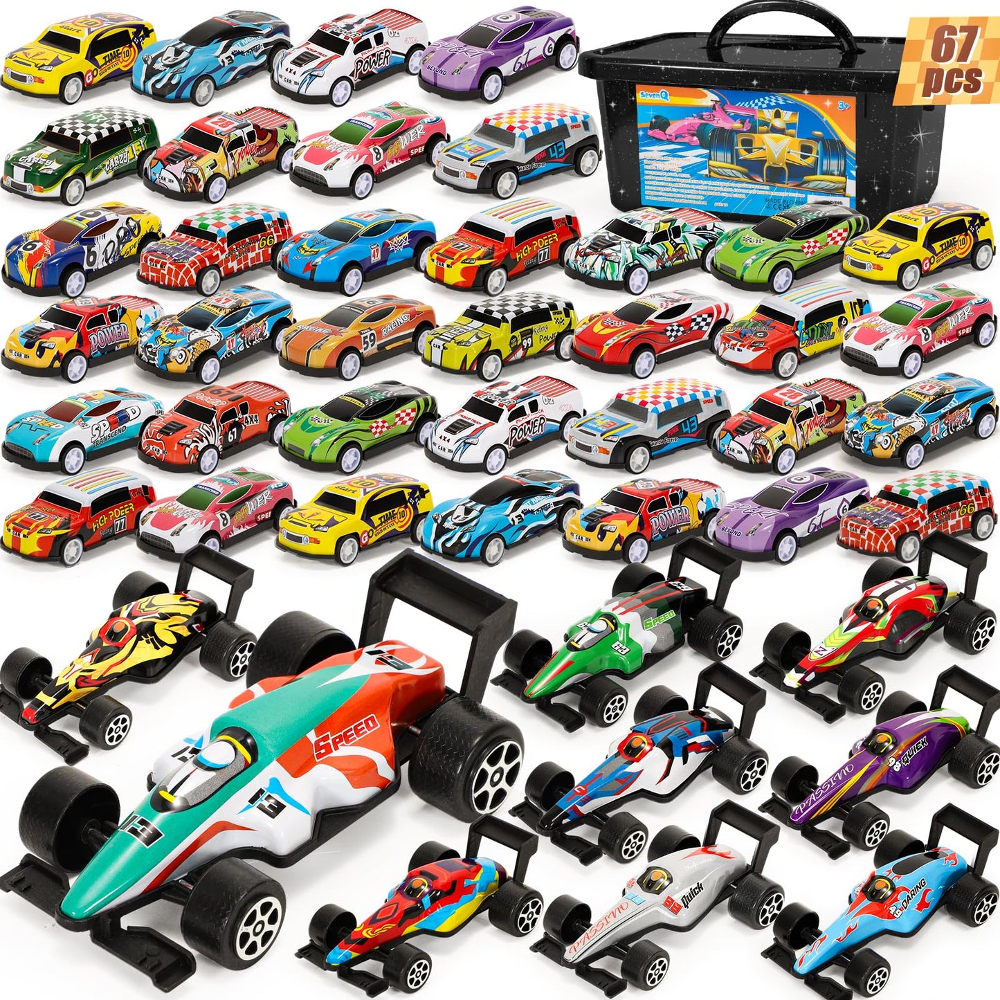 SevenQ Party Favors Toy Cars Set – 67 Pcs Pull-Back Cars with Storage Box