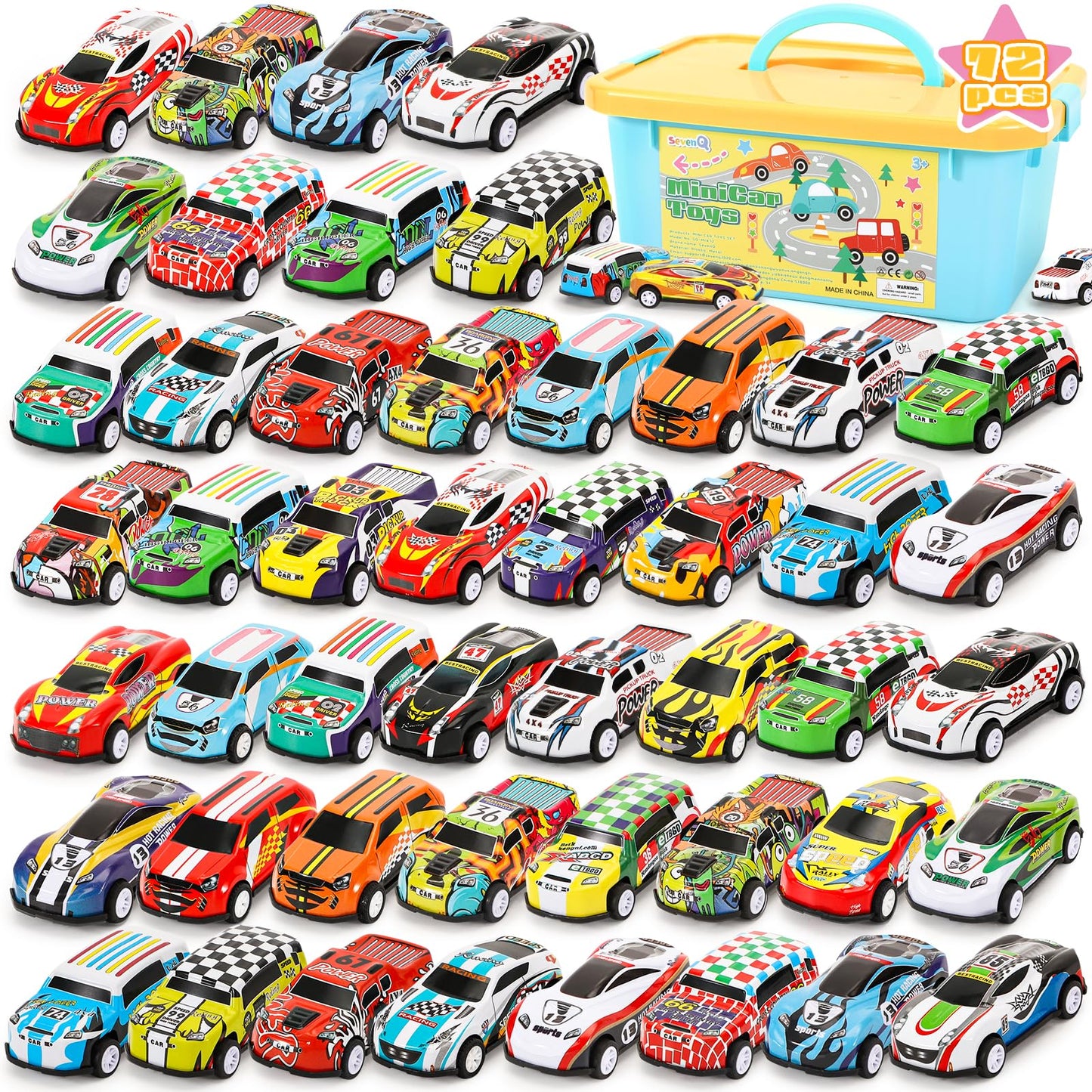 SevenQ Toy Cars Party Favors – 72 Pull-Back Cars with Storage Box | Mini Race Cars for Kids