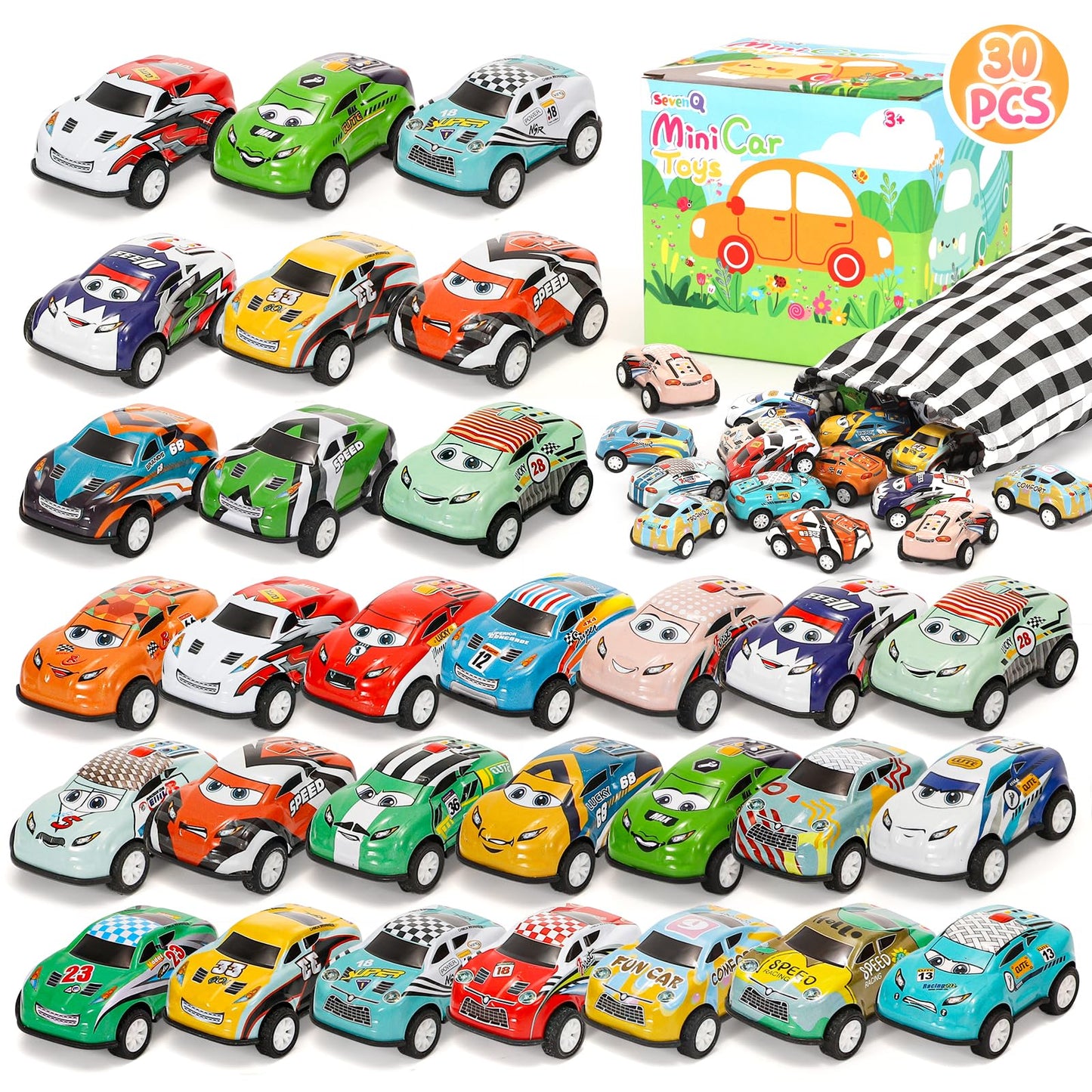 SevenQ 30-Piece Pull Back Cars Playset for Kids 4-8 with Storage Bags