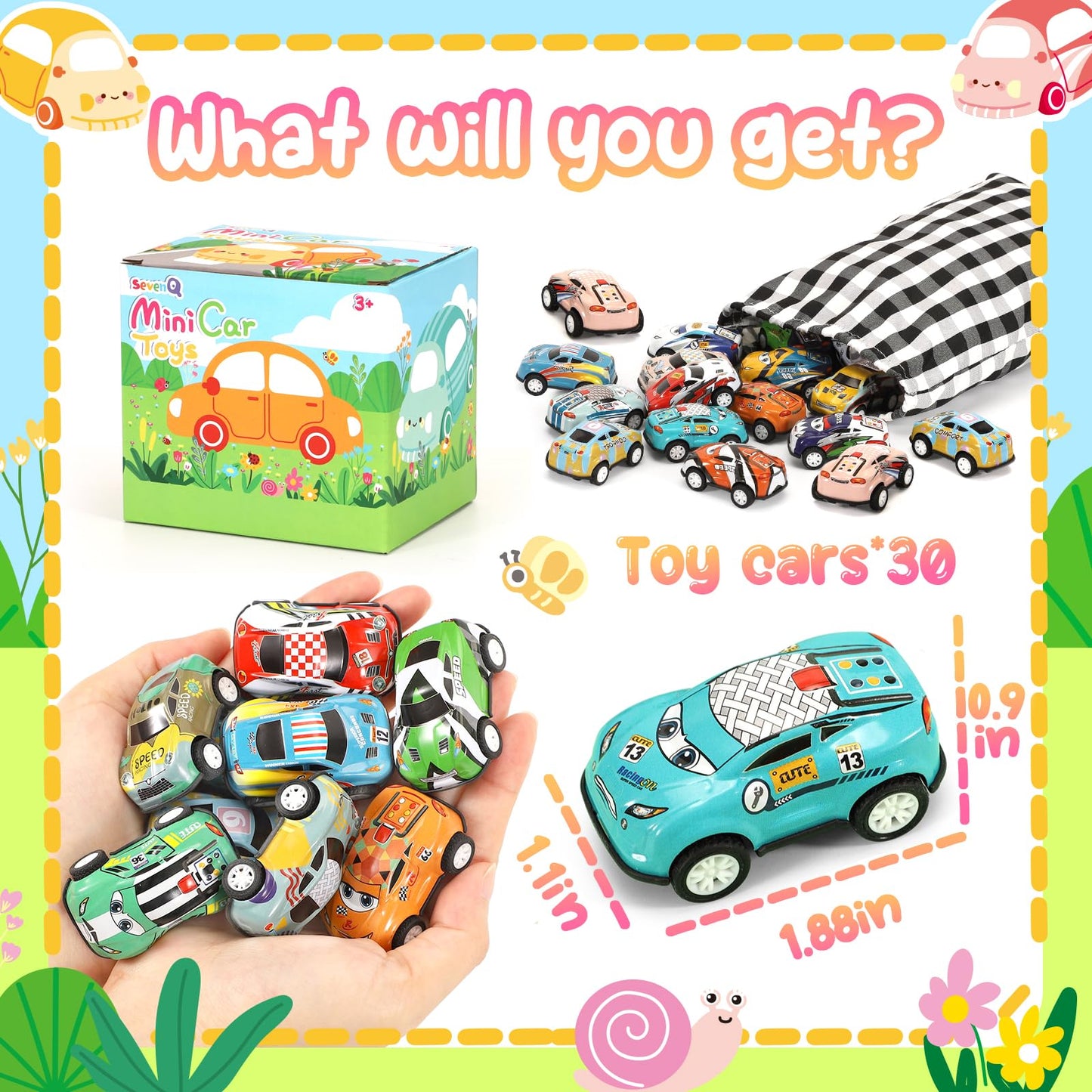 SevenQ 30-Piece Pull Back Cars Playset for Kids 4-8 with Storage Bags