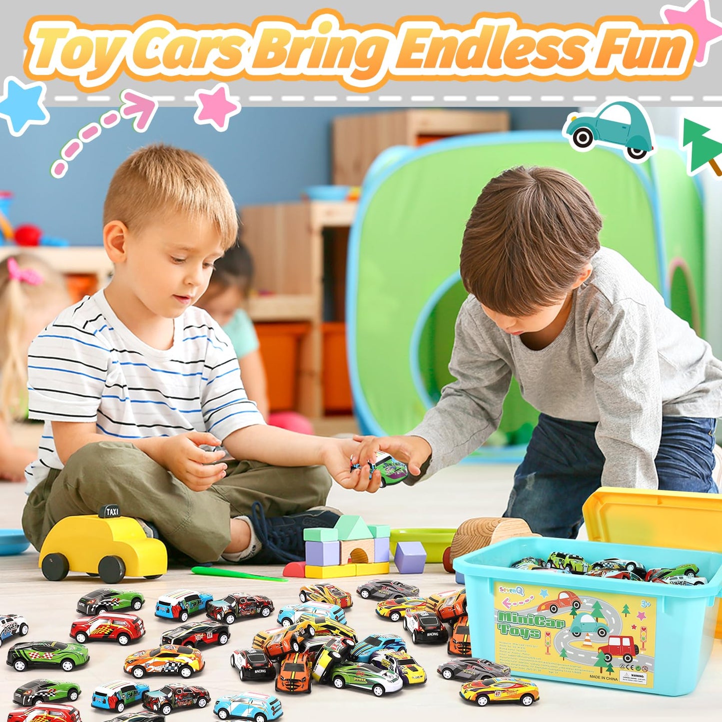 SevenQ Toy Cars Party Favors – 72 Pull-Back Cars with Storage Box | Mini Race Cars for Kids