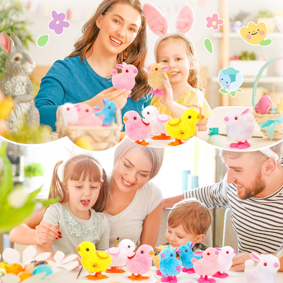 SevenQ Wind Up Toys for Kids - 9Pcs Hopping Bunnies & Plush Chicks for Easter