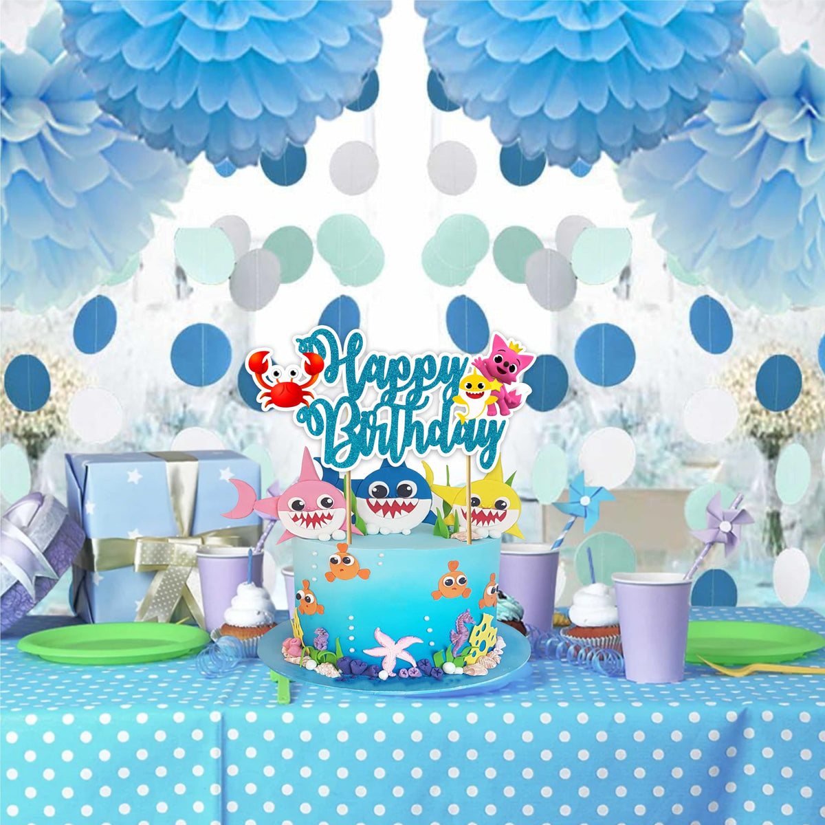 Seyal Bby Shrk Happy Birthday Cake Topper – Cute Shark Theme Decor for Ocean Parties