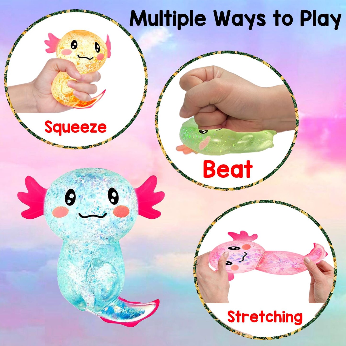 Sezua Squishy Fidget Stress Ball 4 Pack – Axolotl Sensory Toys for Stress Relief