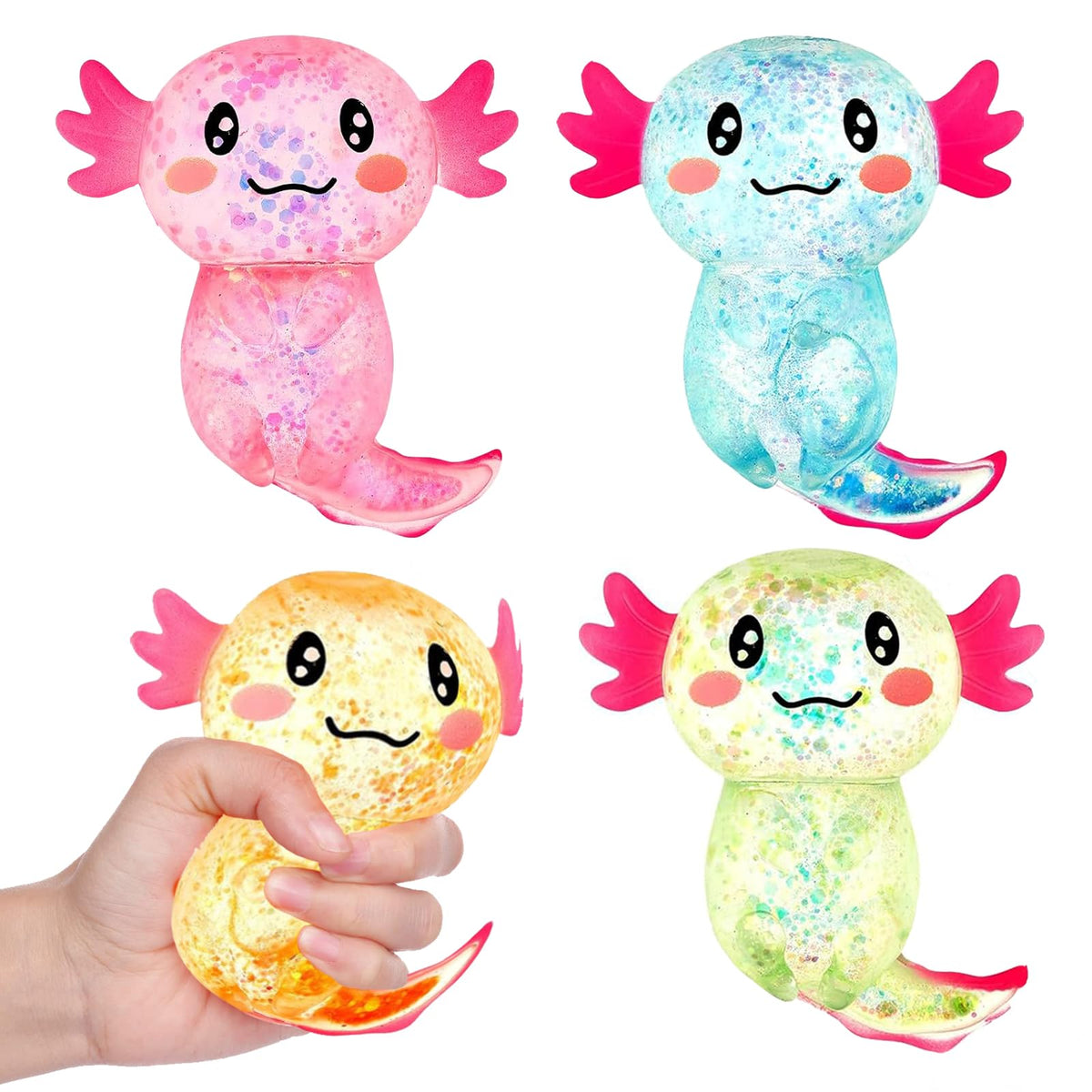 Sezua Squishy Fidget Stress Ball 4 Pack – Axolotl Sensory Toys for Stress Relief
